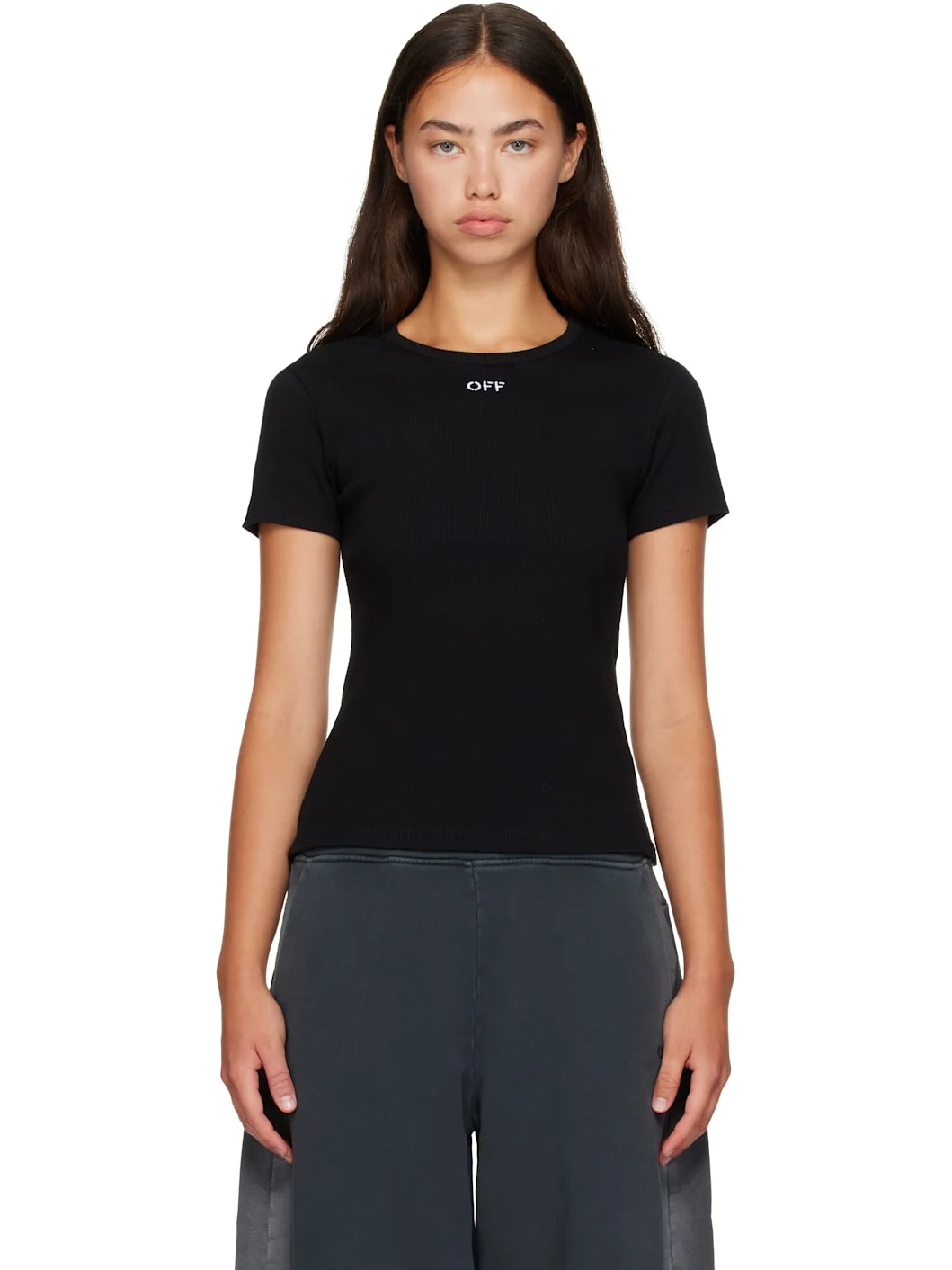 Black 'Off' Stamp Rib Fitted T-shirt - 1
