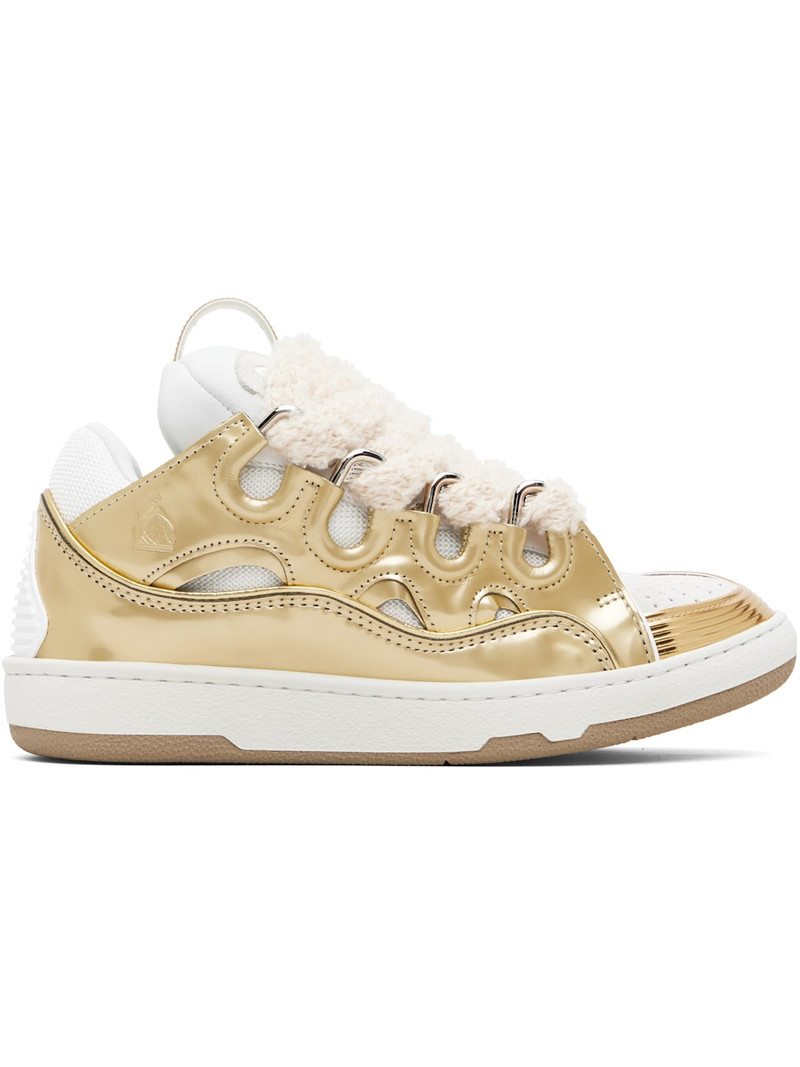 Gold & White Curb Metallic Leather With Mesh Laces Sneakers 1