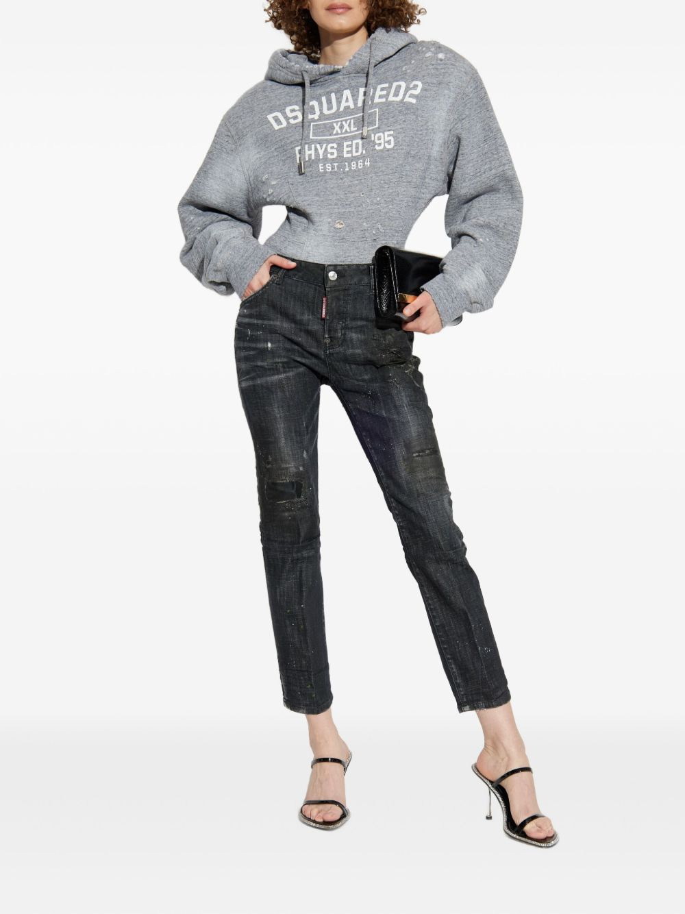 distressed-detail hooded bodysuit - 2
