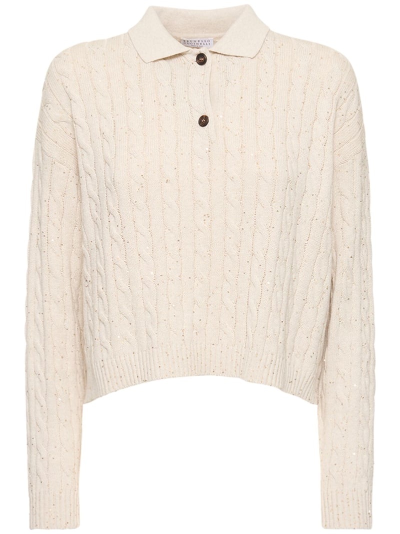 Cotton blend cable knit polo sweater - 1