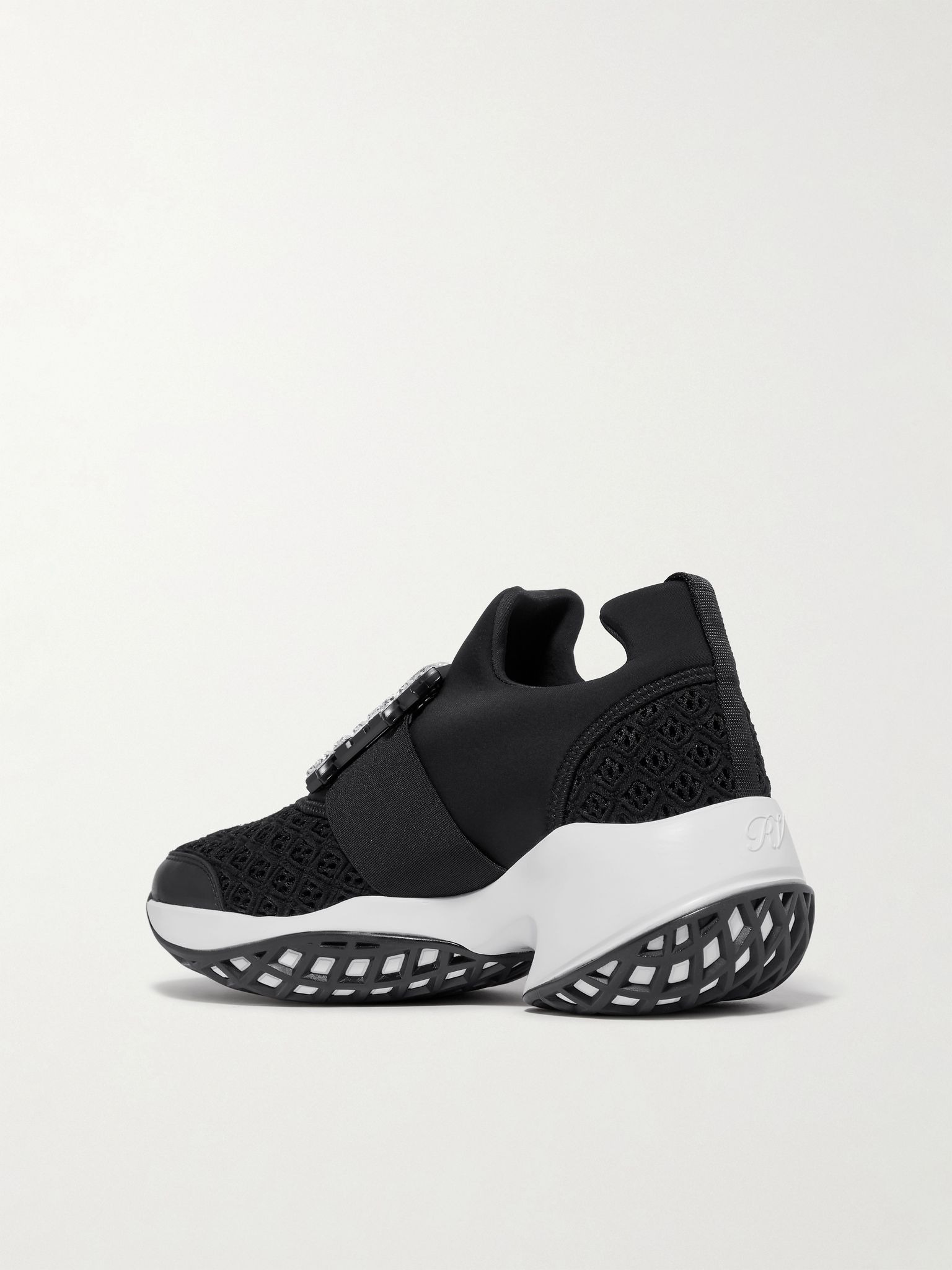 Viv Run crystal-embellished stretch, mesh and leather sneakers Black - 3