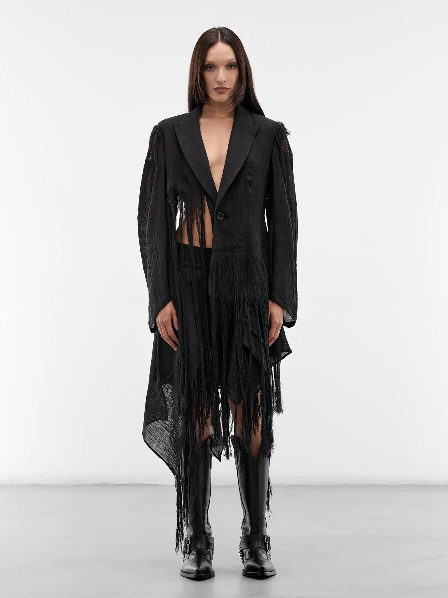 Black Linen Fringe Blazer - 1