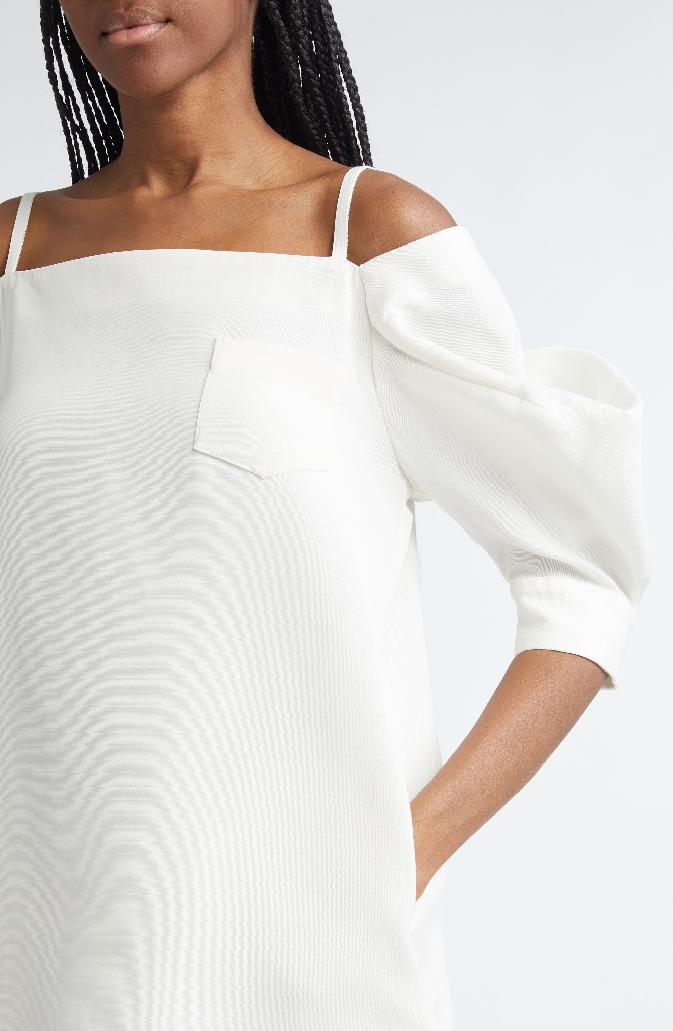Sacai Cold Shoulder Silk & Cotton Double Face Shift Dress in Off White at Nordstrom - 4