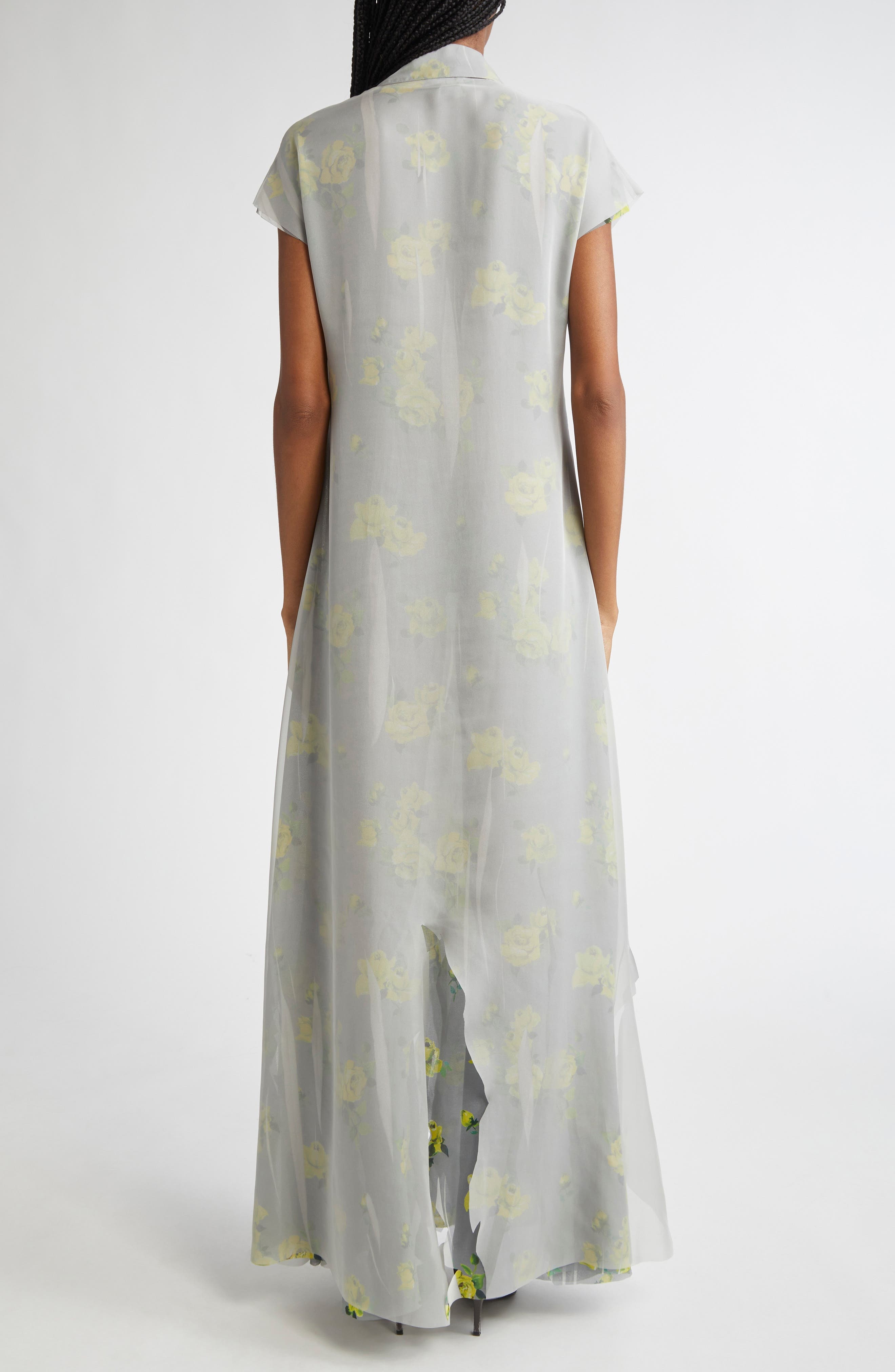 Acne Studios Dranee Floral Georgette Maxi Shirtdress in Yellow/Grey at Nordstrom - 2