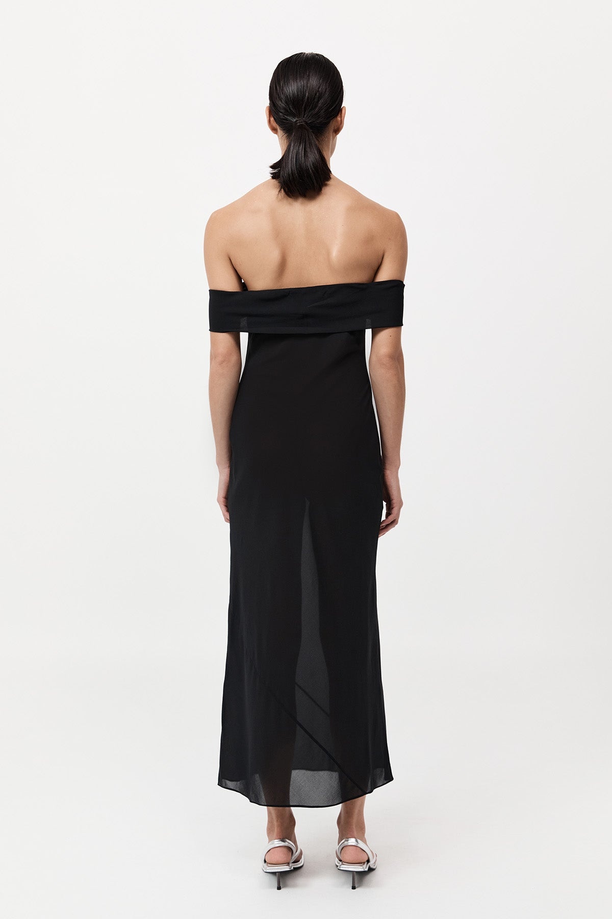 Silk Off Shoulder Dress - Black - 5
