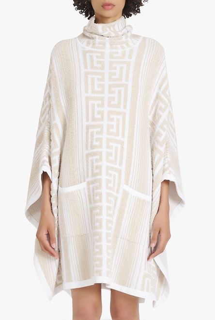 Sand-colored and white knit poncho with Balmain monogram - 5