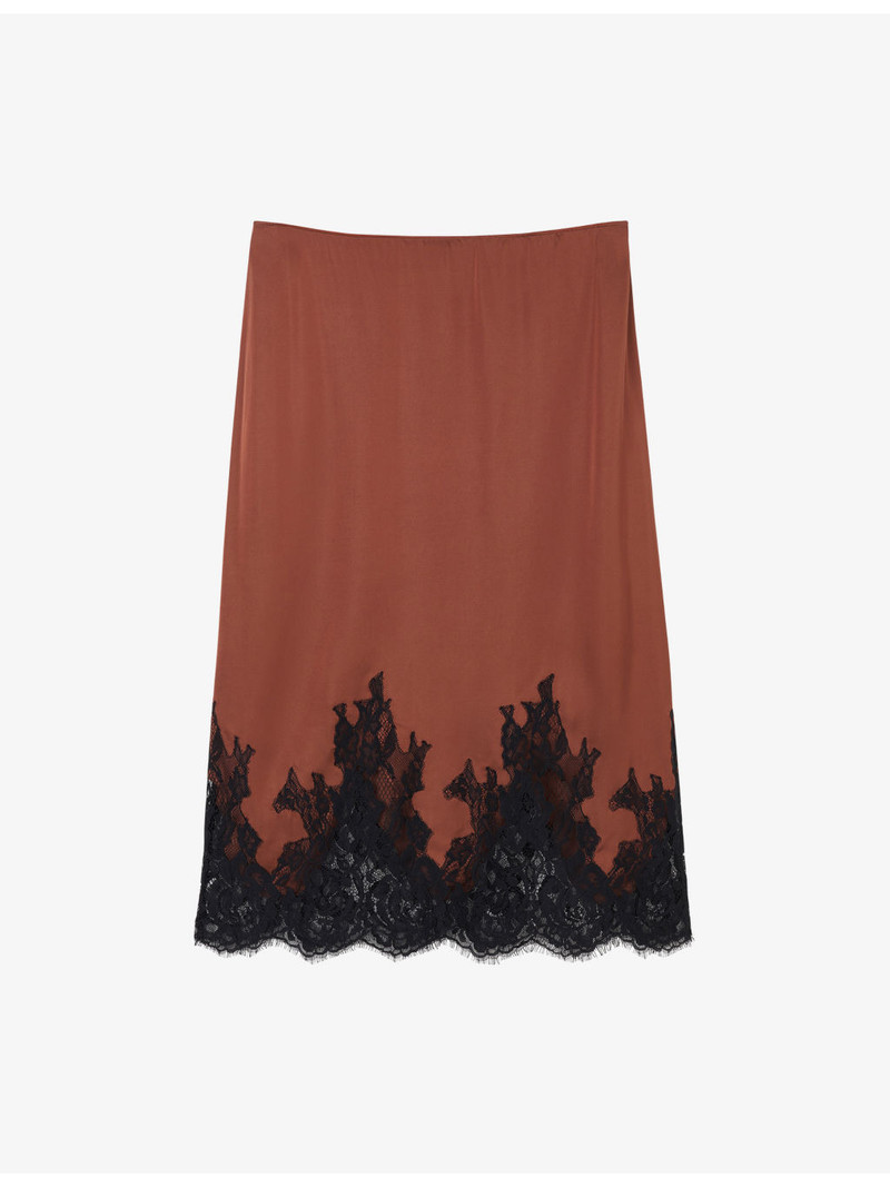 Lace-Hem Satin Midi Skirt 1