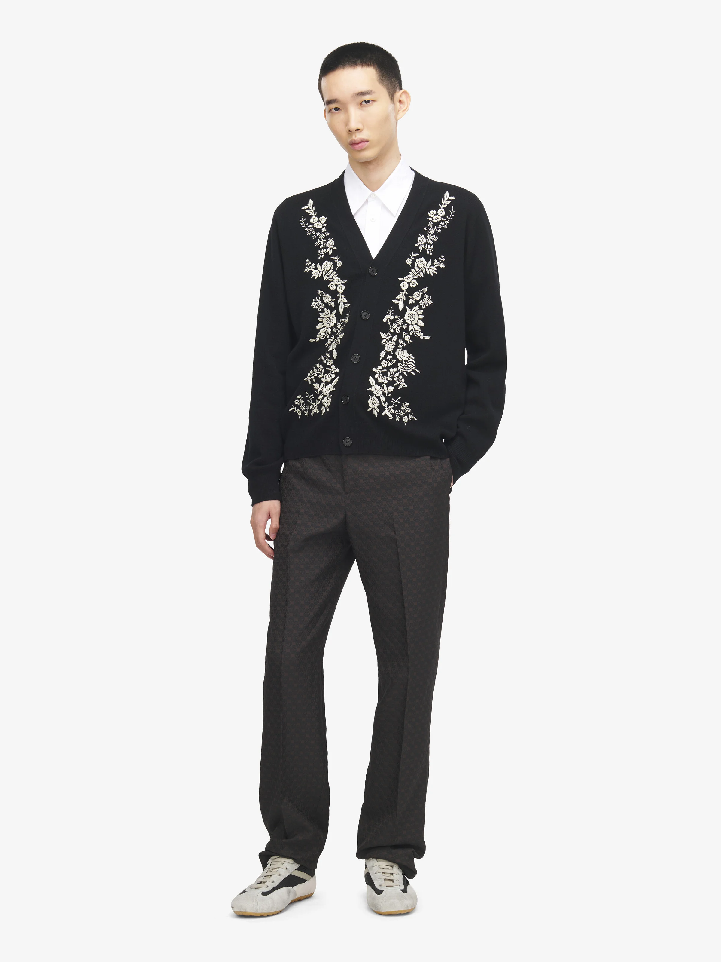Men's Floral Embroidery Cardigan in Black/Ivory - 1