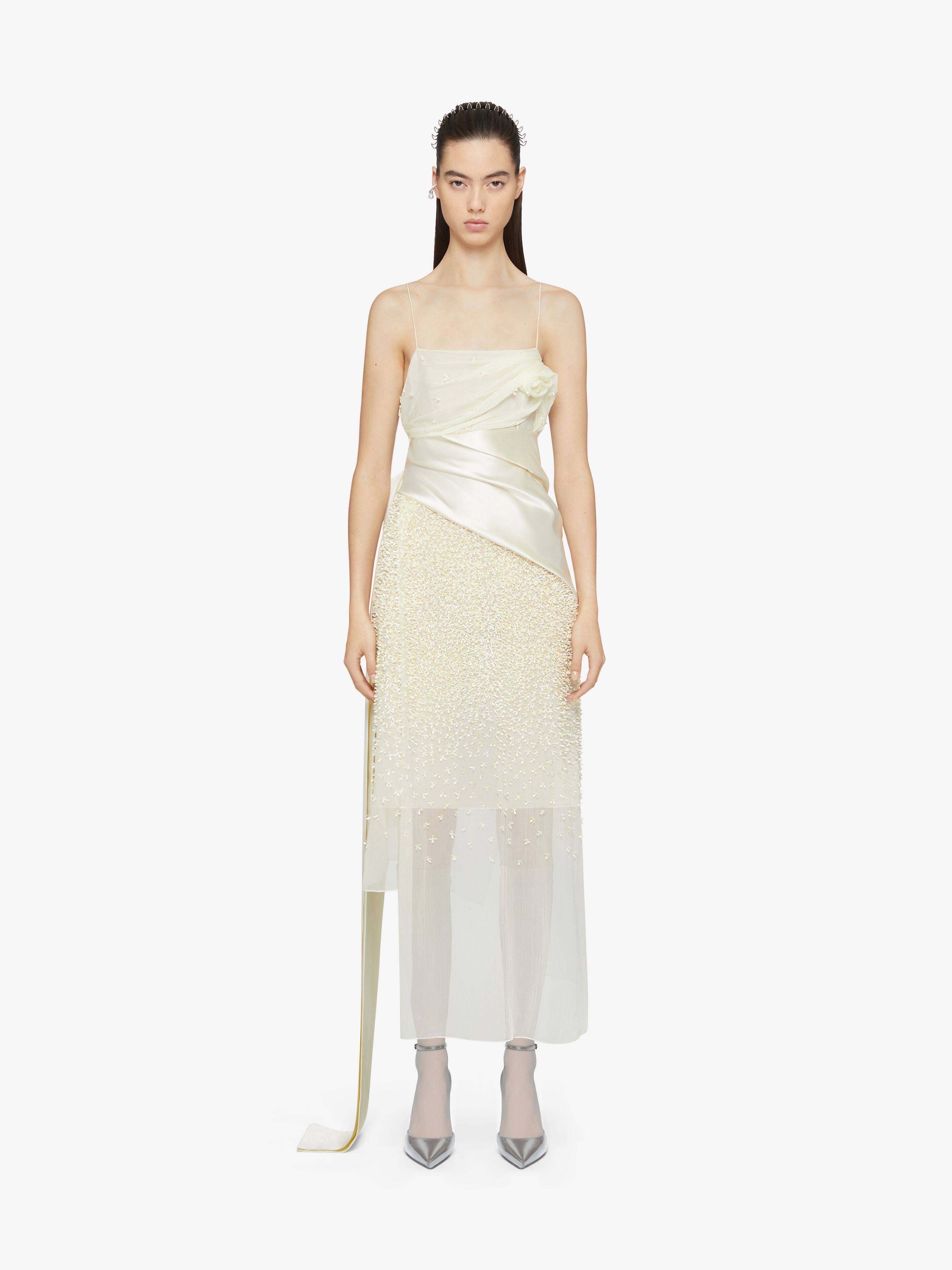 STRAPS DRESS IN SILK MUSLIN WITH EMBROIDERED FLOWERS - 2