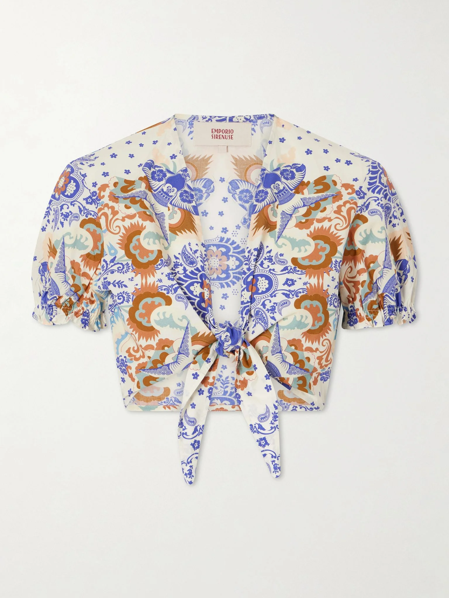 Poppy knotted printed cotton-poplin cropped top Purple - 1