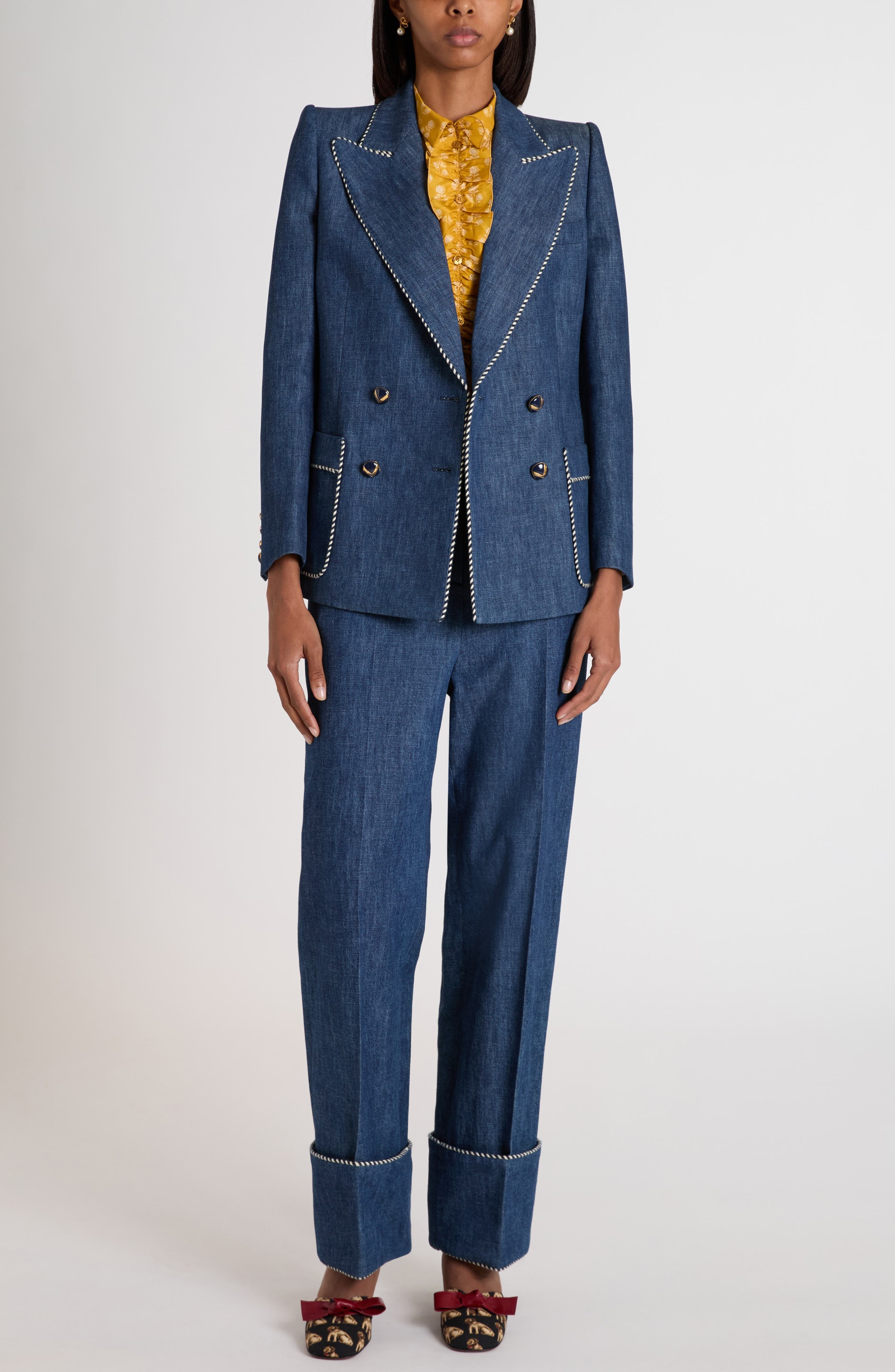 Valentino Garavani Piped Double Breasted Denim Blazer in Navy at Nordstrom - 2