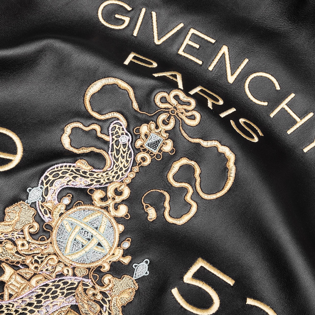 NAPPA LEATHER VARSITY JACKET WITH CHANDELIER AND SNAKE EMBROIDERIES - BLACK/WHITE - 5