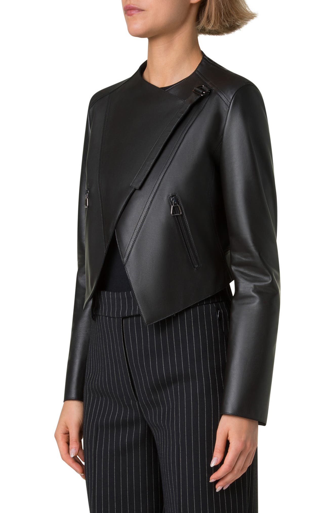 Akris Ariel Asymmetric Leather Crop Jacket in Black at Nordstrom - 3