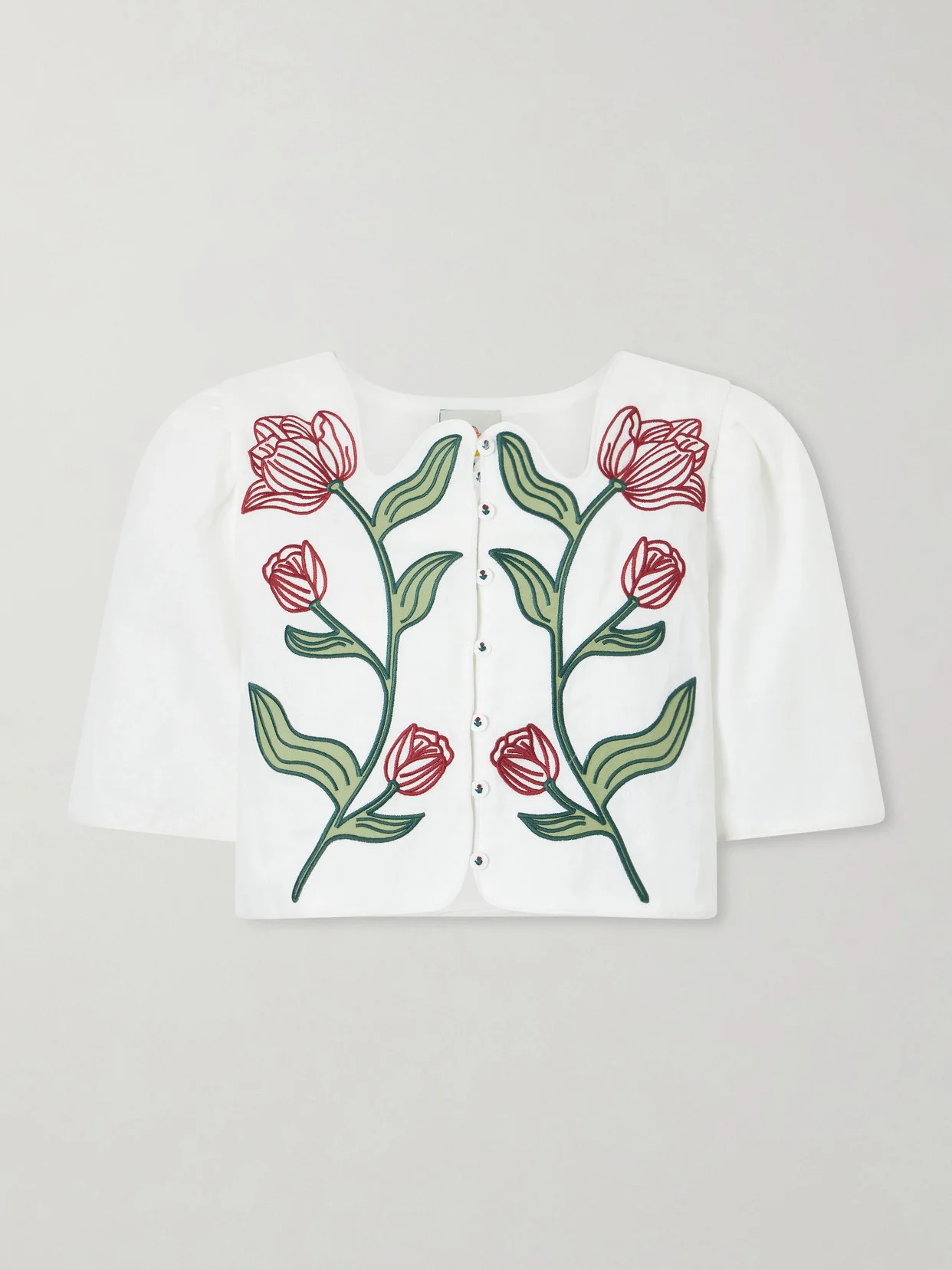 Floral-embroidered Cropped Linen Top - 1