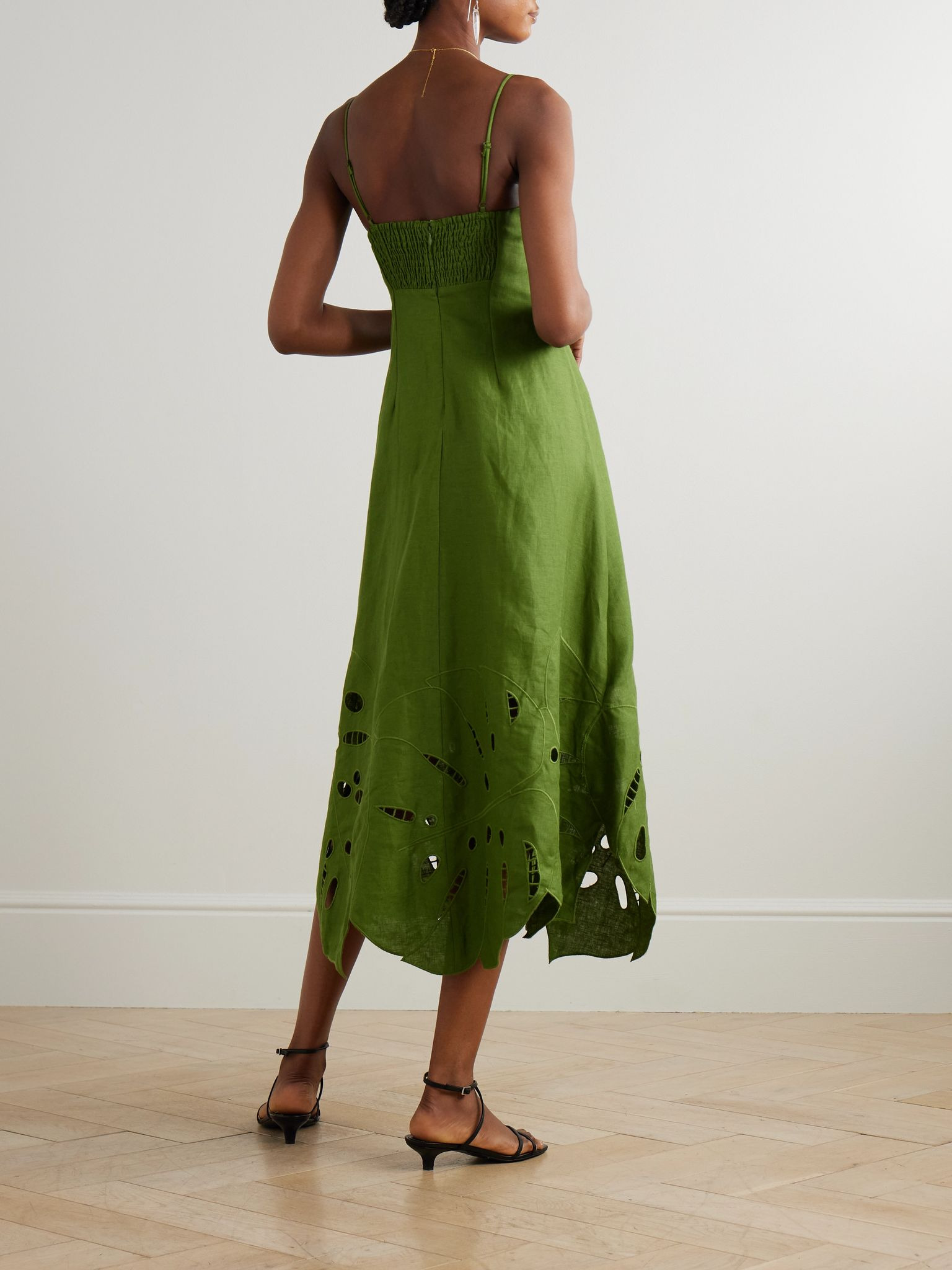 Appliquéd broderie anglaise linen midi dress Green - 3