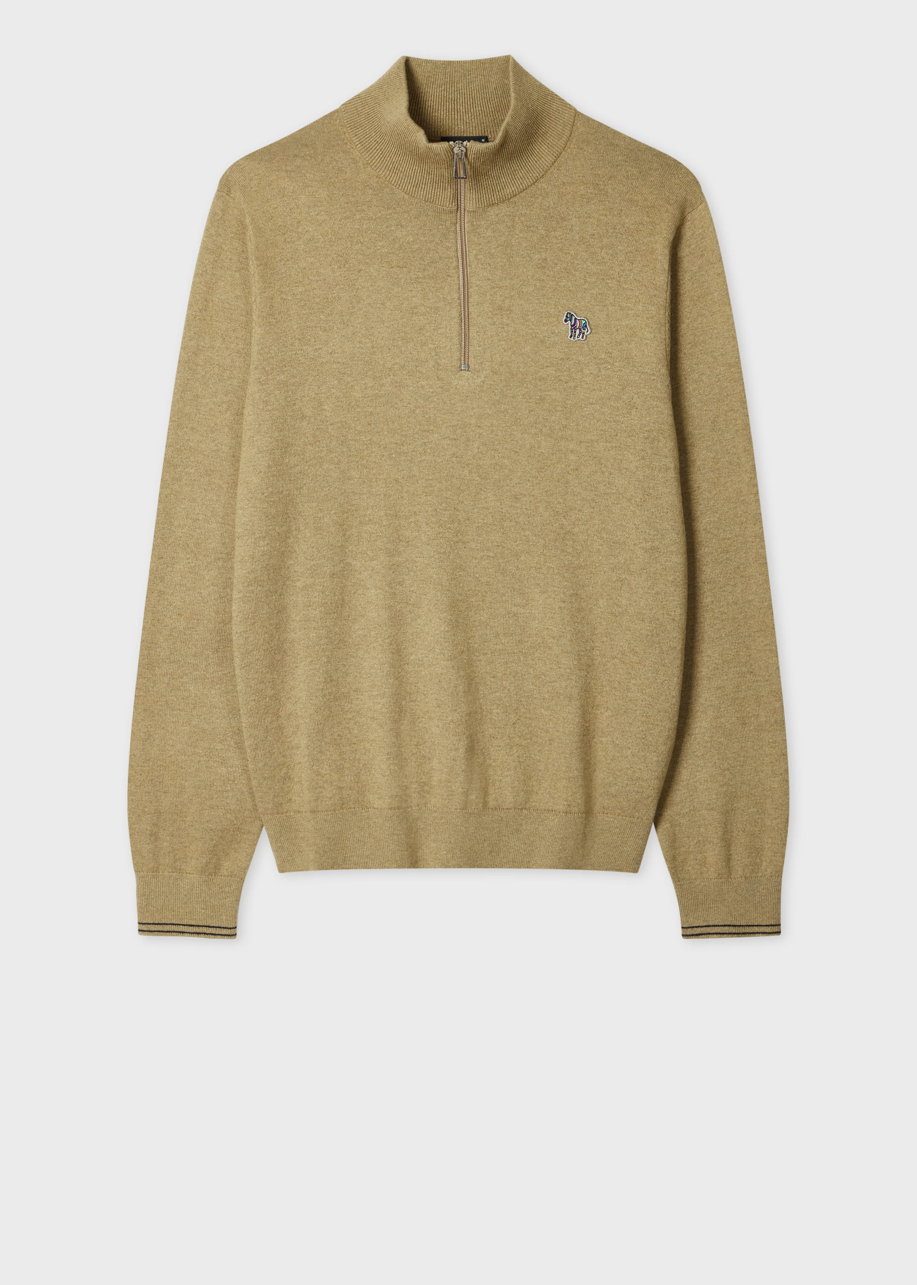 Camel Cotton-Blend Zebra Logo Half Zip Sweater - 1