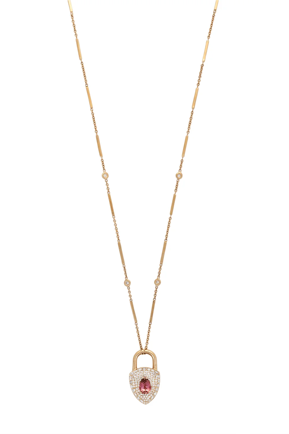 Pink Tourmaline Diamond Lock Pendant Necklace - 1