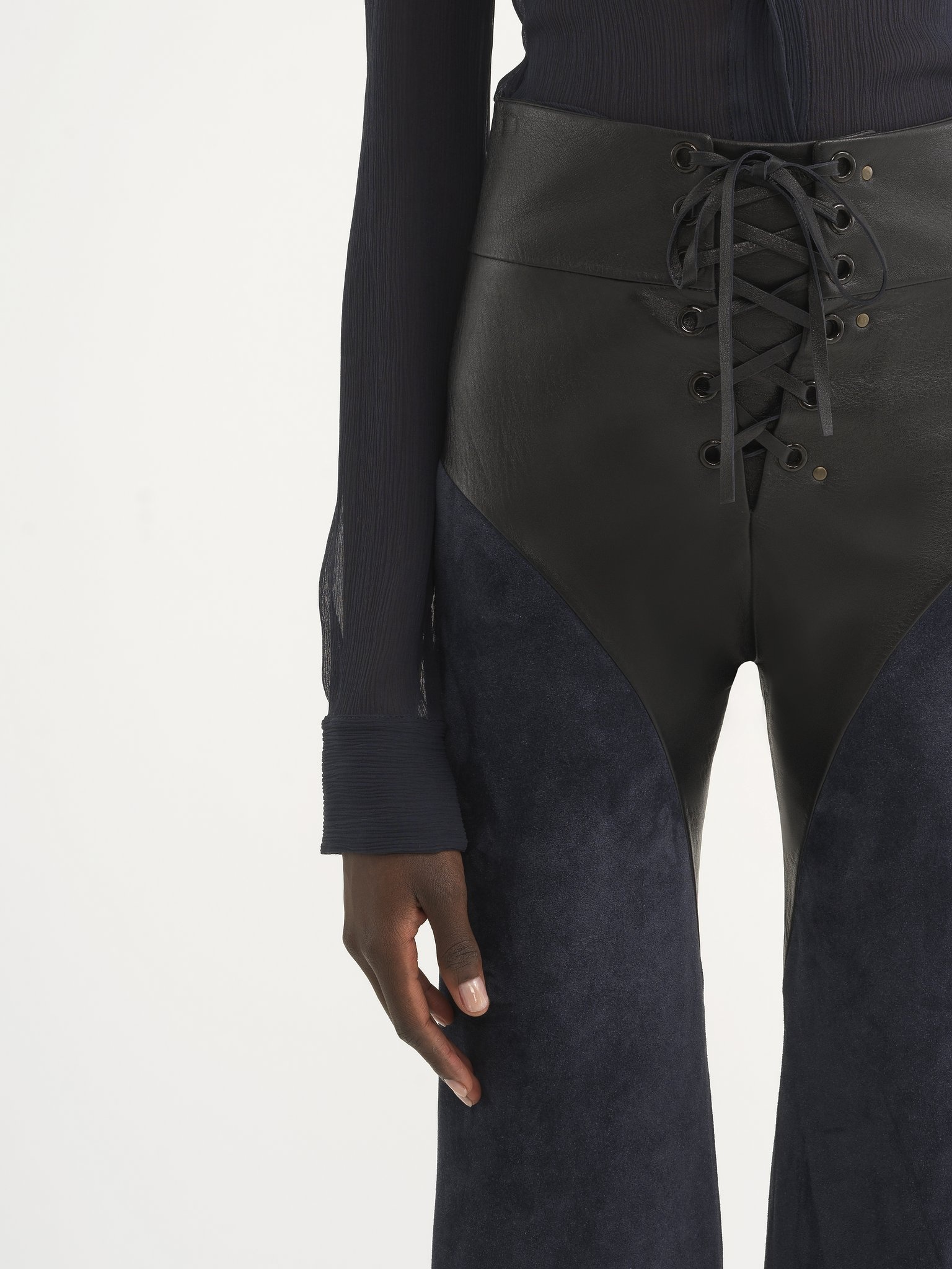 LACE-UP FLARED PATCHWORK PANTS IN LEATHER - 7