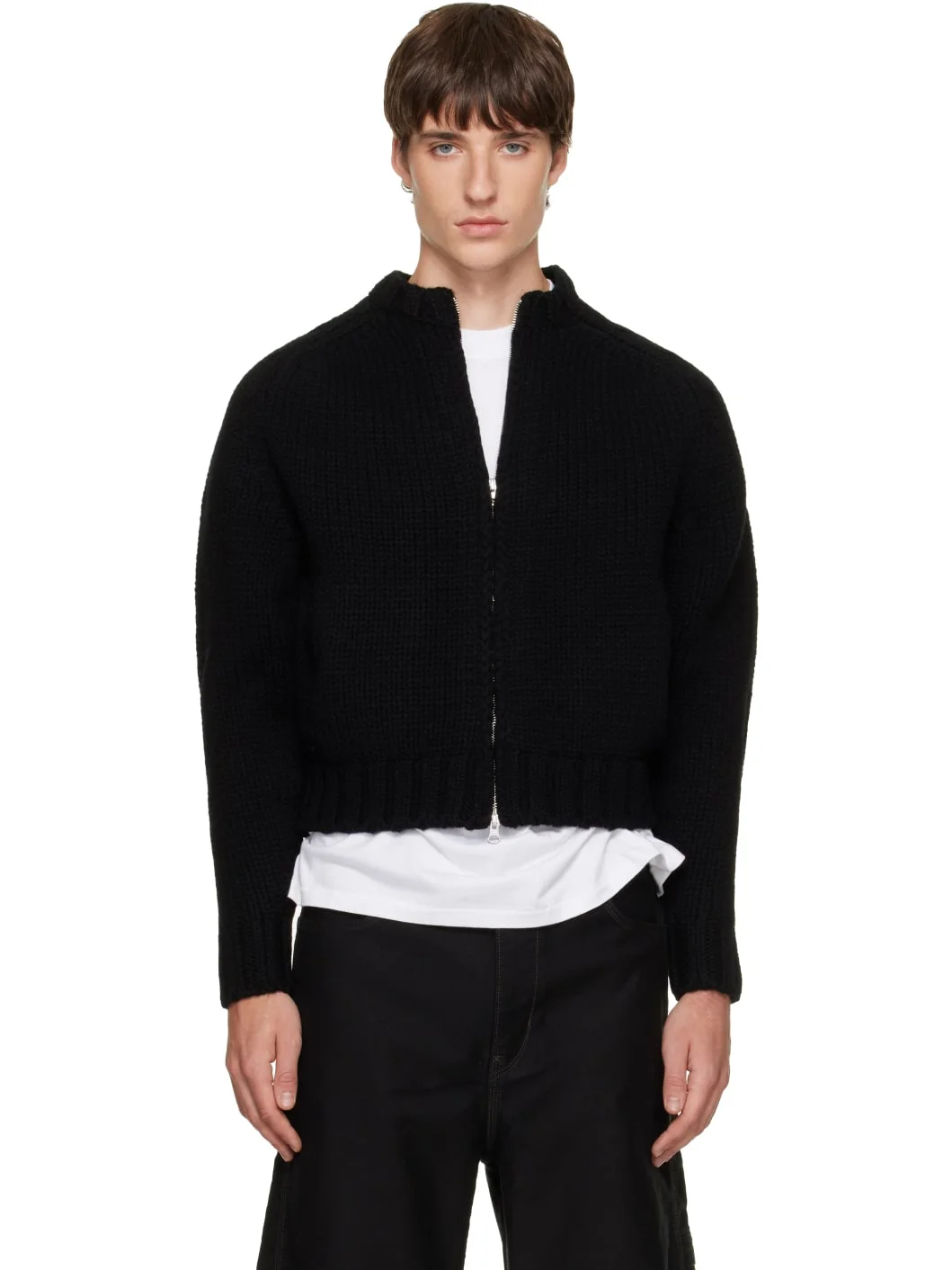 Black Shetland Wool Knitted Zip Jacket - 1