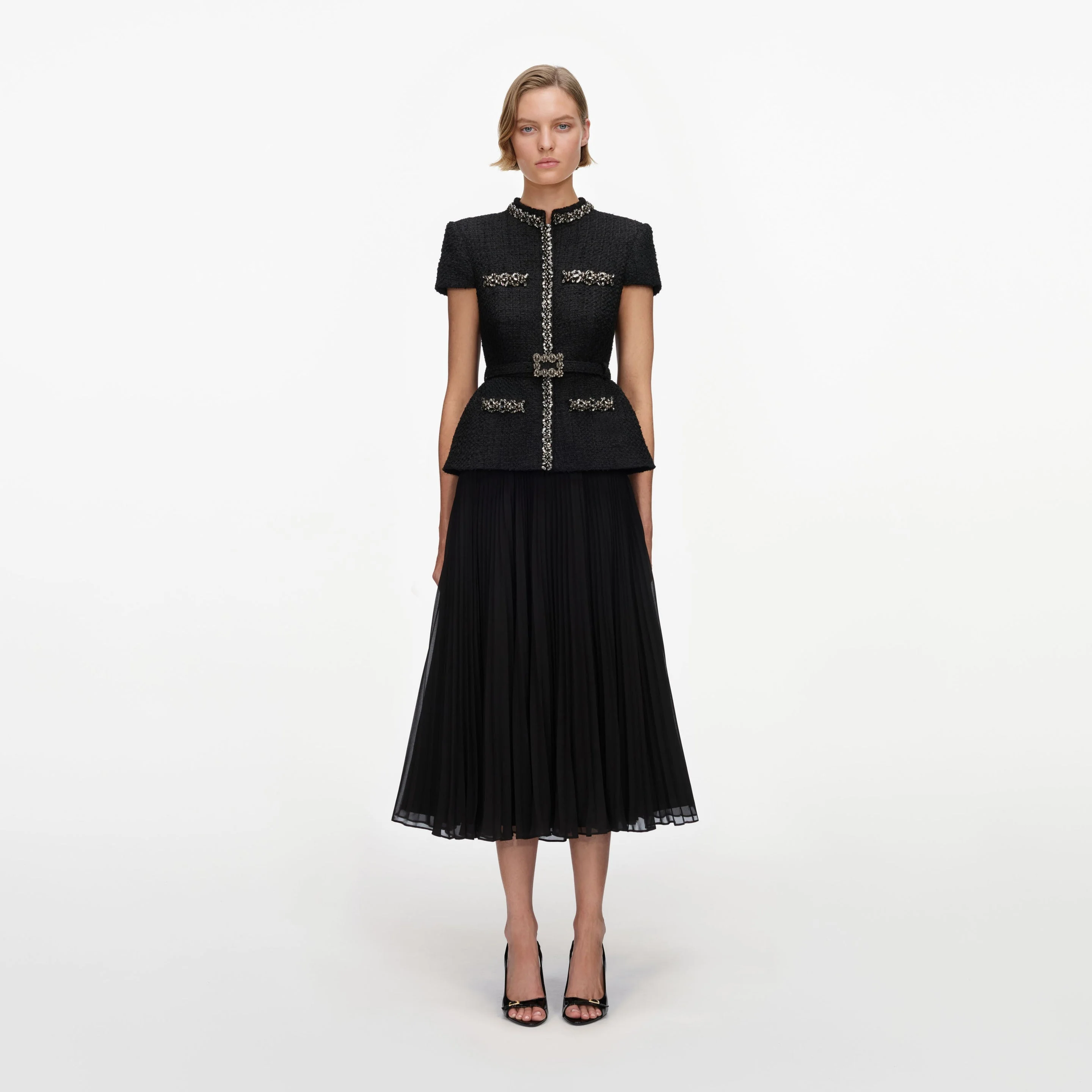 Black Boucle Crystal Trim Chiffon Midi Dress - 1