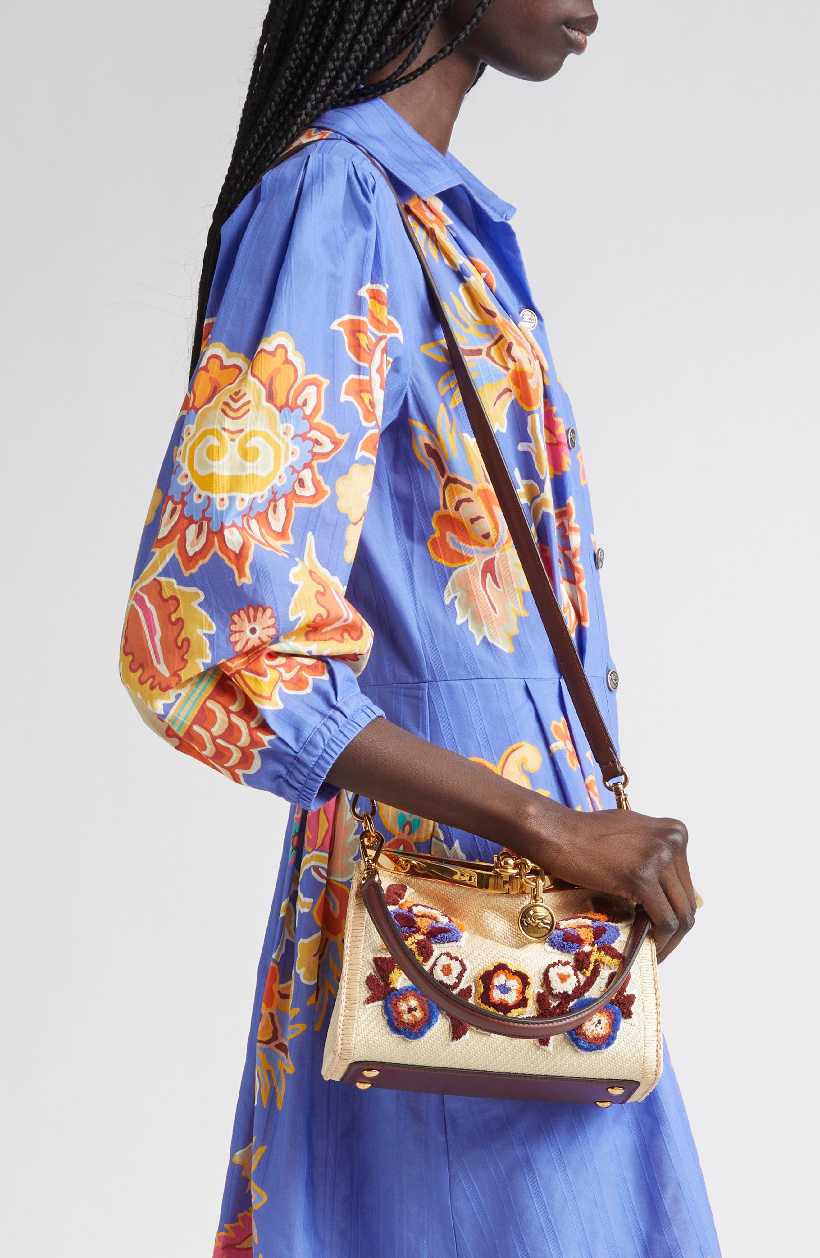 Etro Small Vela Floral Embroidered Raffia Shoulder Bag in M0121 Beige at Nordstrom - 2