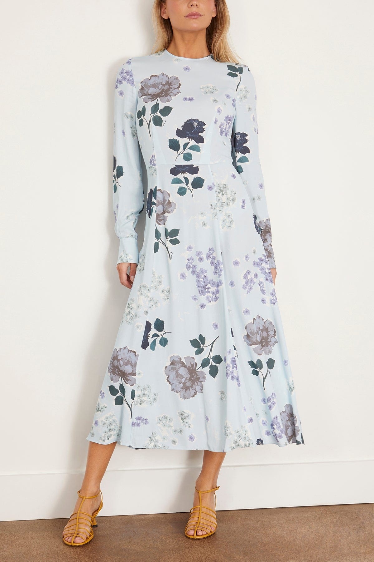 Long Sleeve A-Line Midi Dress in Small Margot Floral Sky Blue - 3