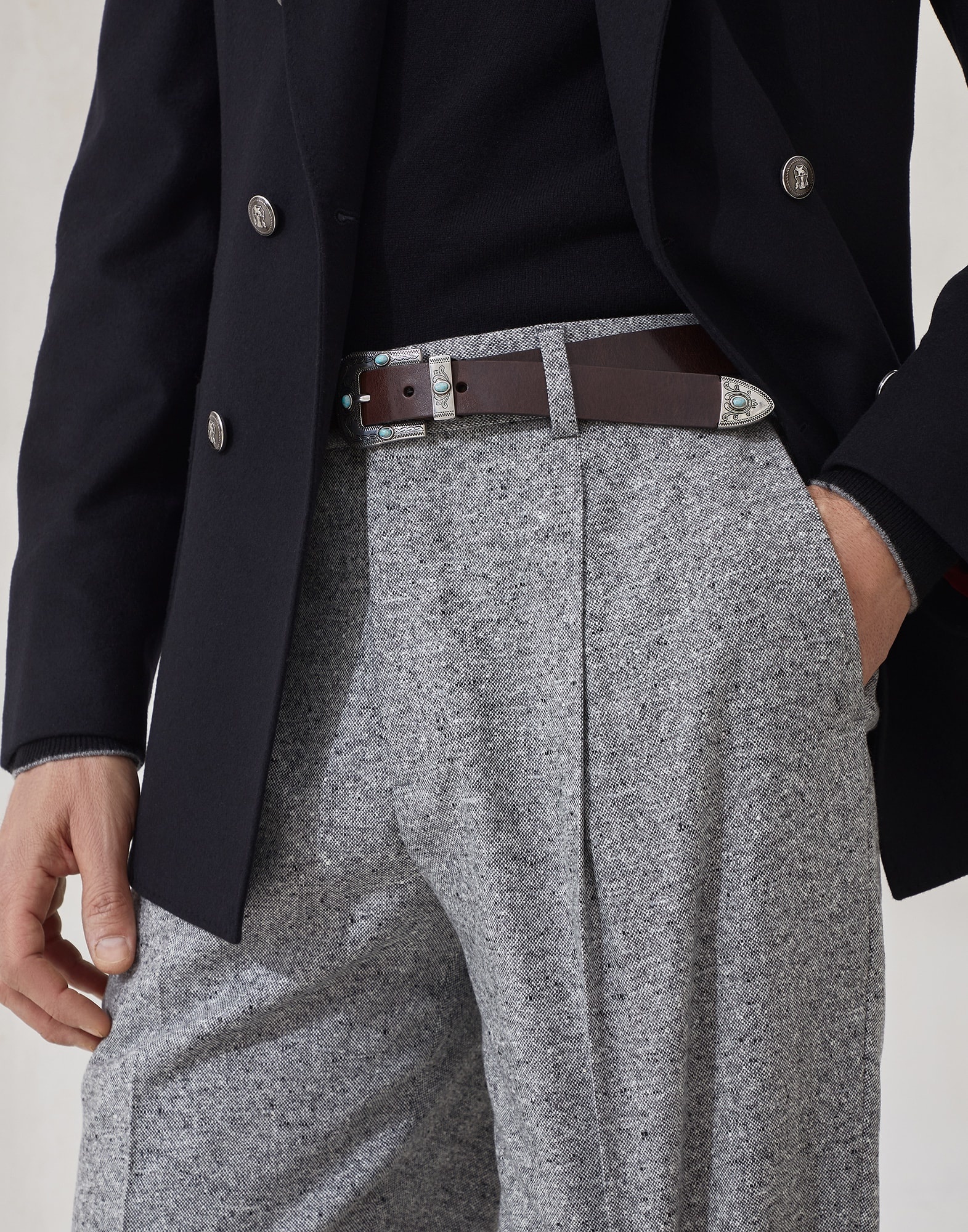 Wool and cashmere flecked grisaille leisure fit trousers with pleat - 3