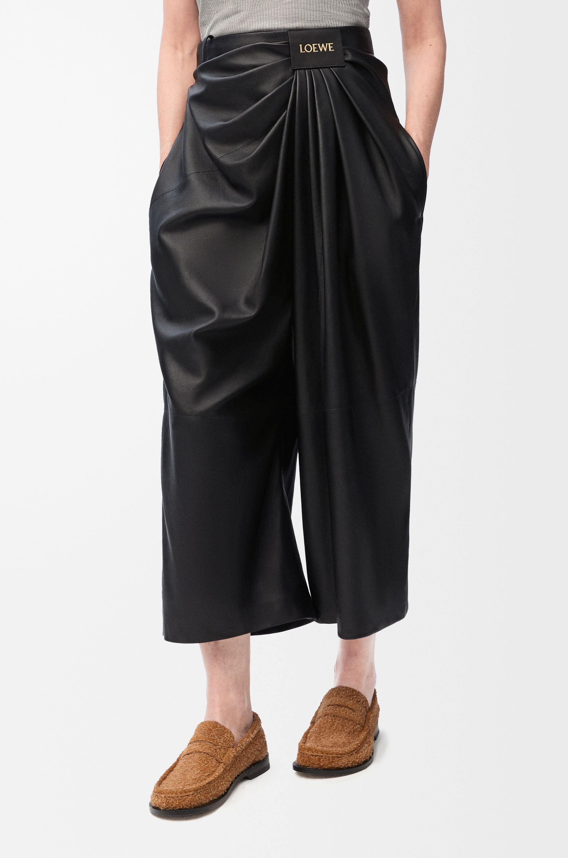 Cropped draped trousers in nappa lambskin - 3