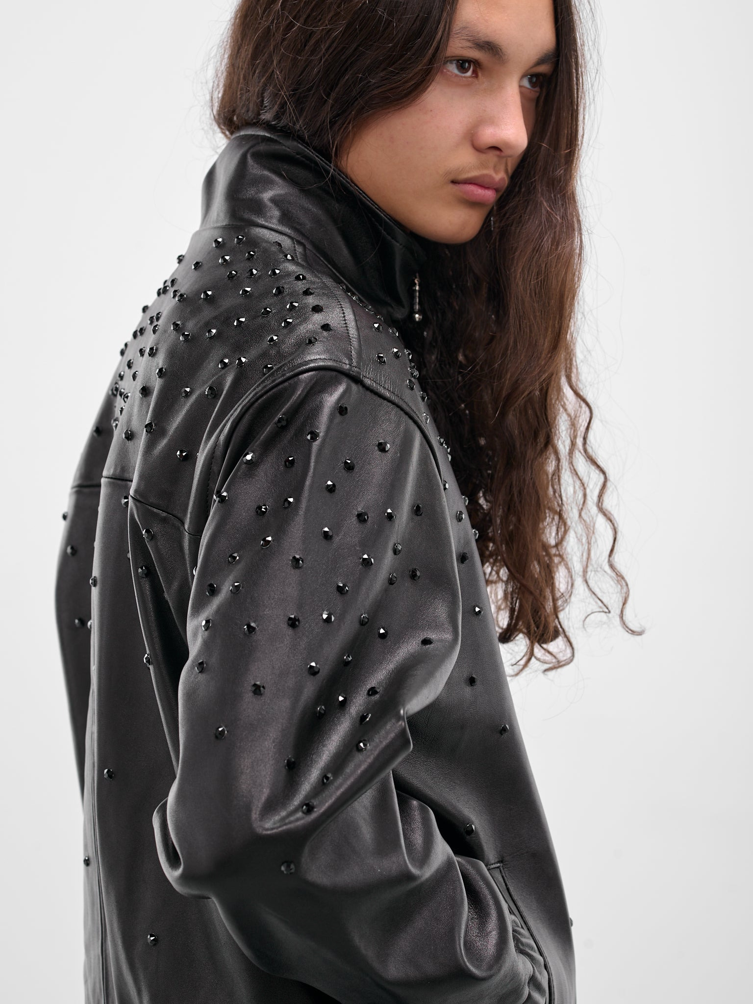 Black Swarovski Lamb Leather Jacket - 4