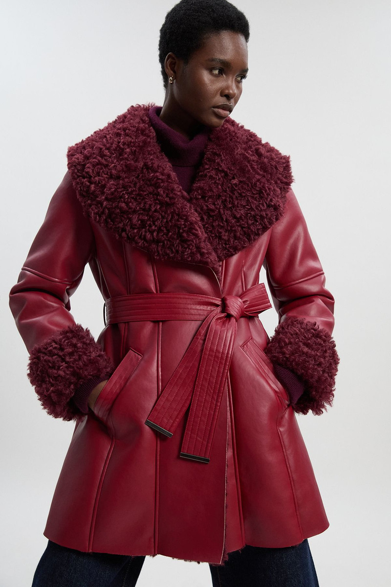 Faux Long Fur Belted Cuff And Collar Coat 1