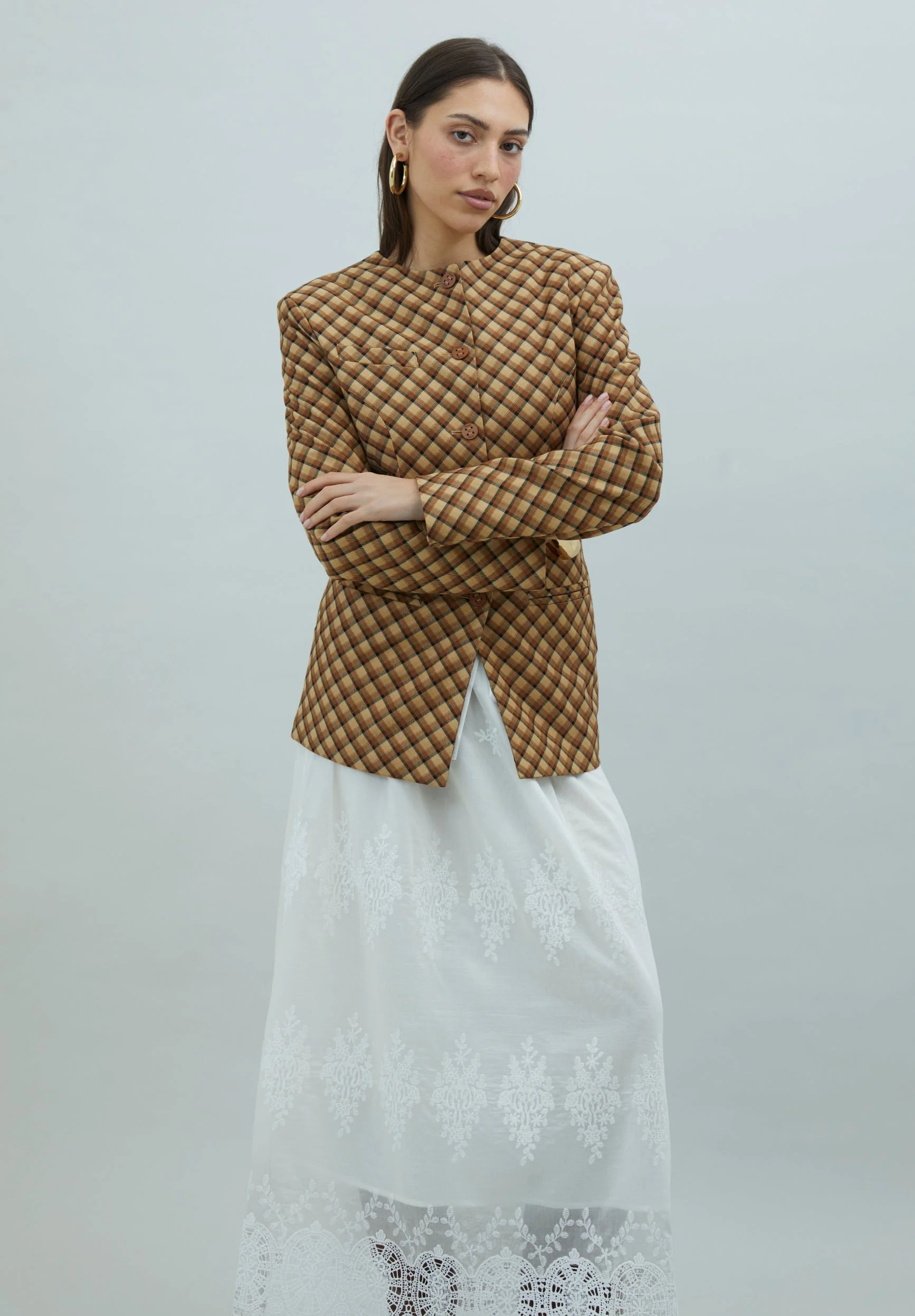 CHECK COLLARLESS BLAZER - 1