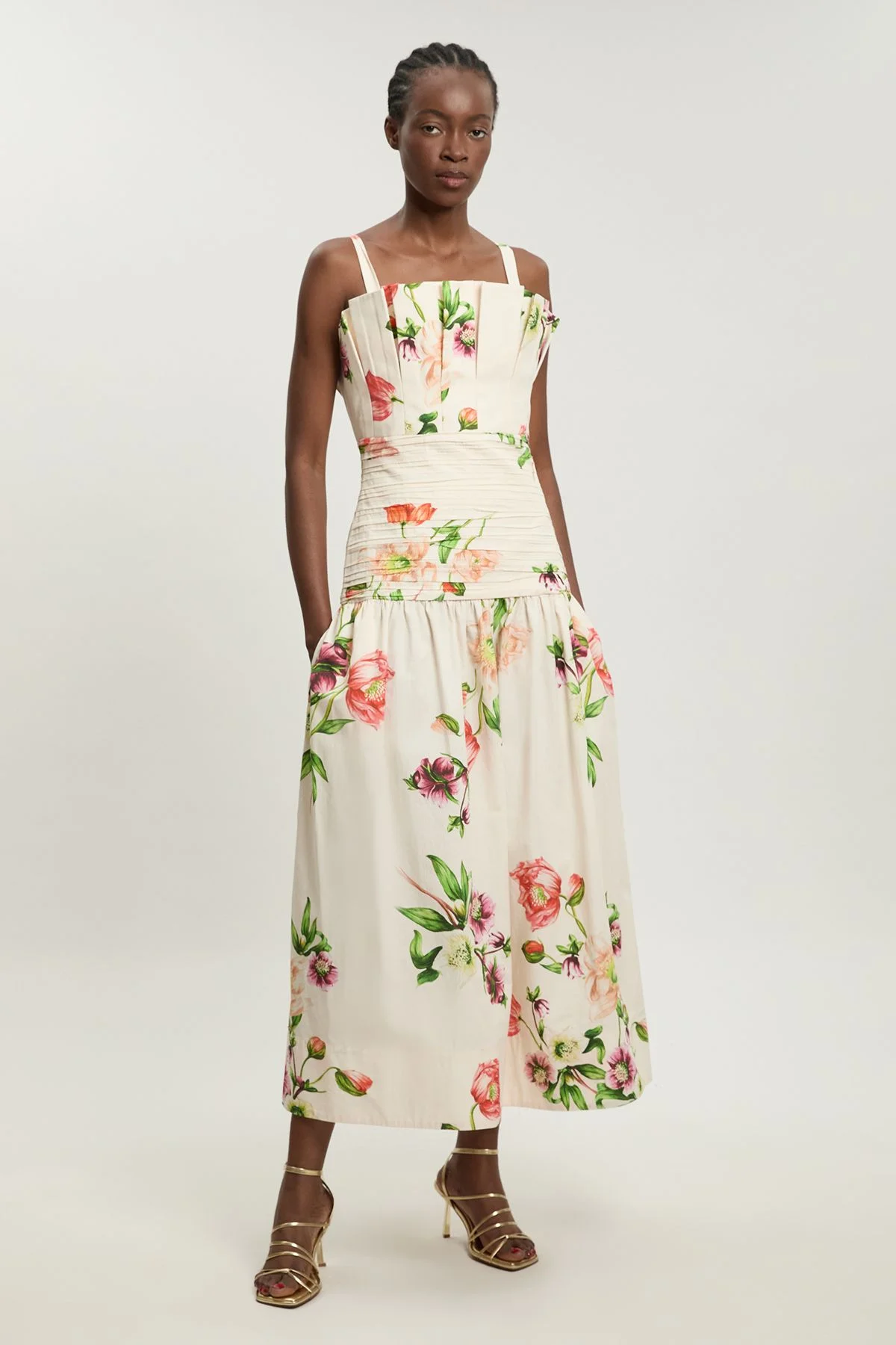 Printed Poplin Pleated Midi Dress - 1