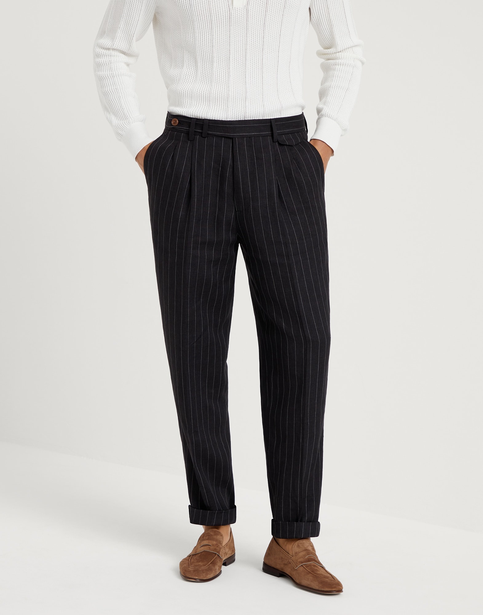 Linen chalk stripe leisure fit trousers with double pleats and tabbed waistband - 1
