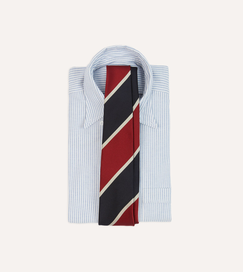 Drake's Red and Ecru Broad Stripe Mogador Silk Tipped Tie outlook