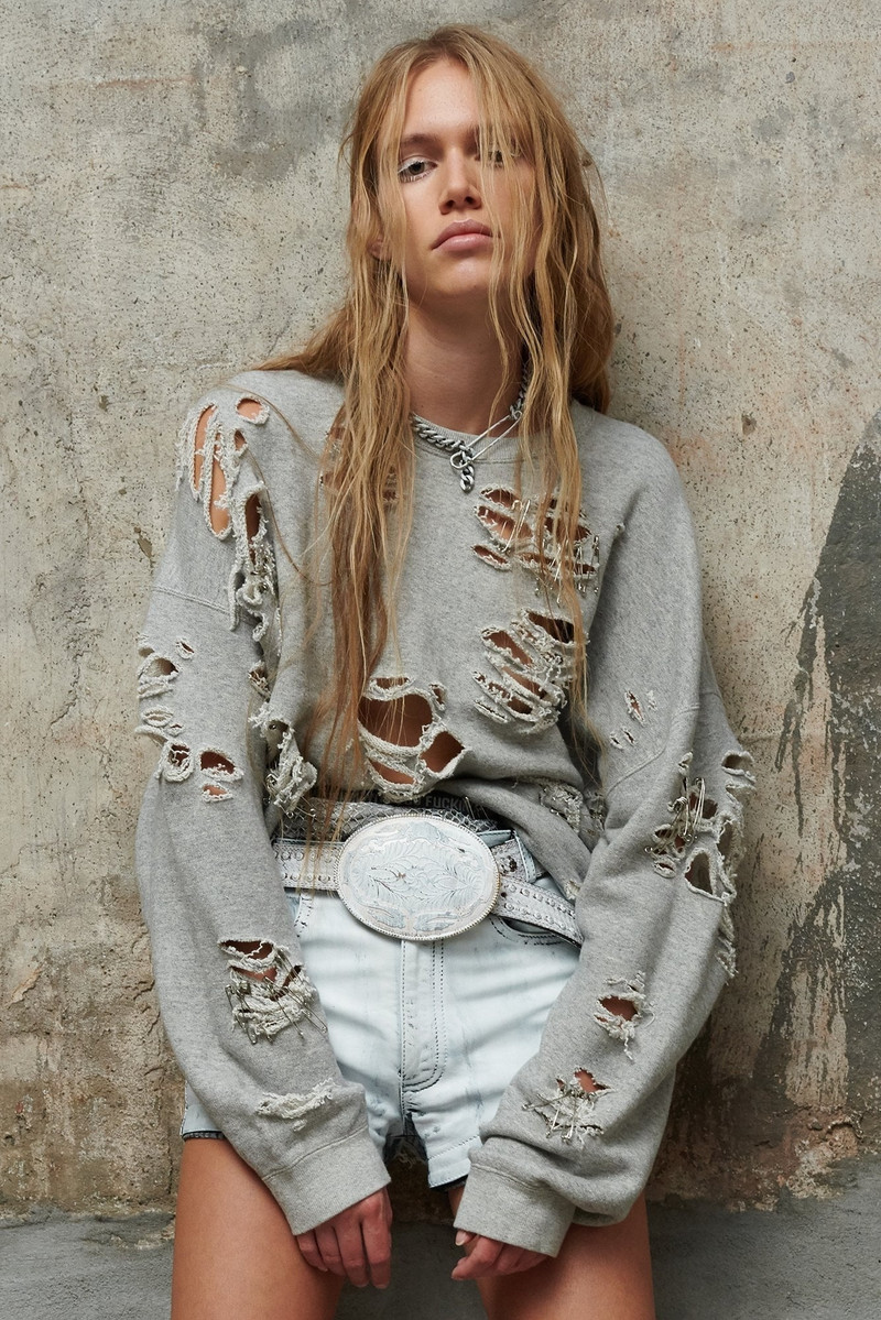 R13 Super Distressed Oversized Crewneck - Heather Grey | R13 Denim outlook