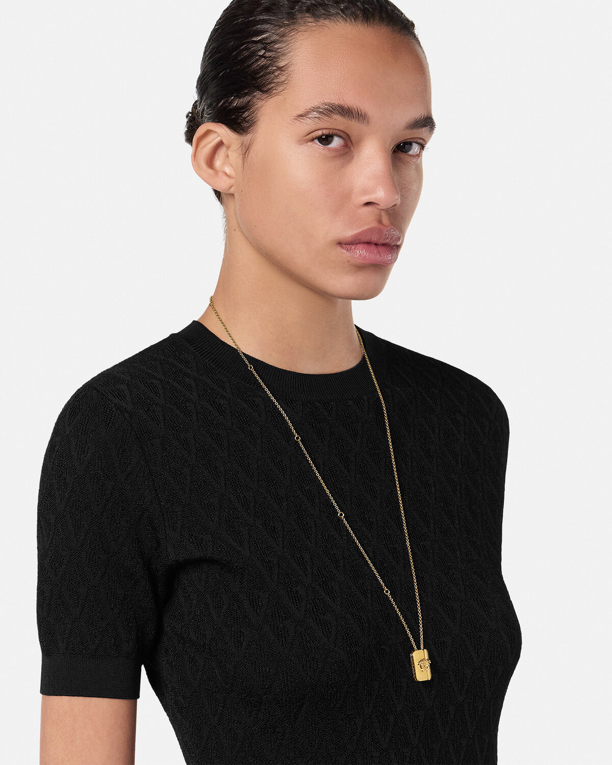 V Allover Jacquard Fitted Knit T-Shirt - 6