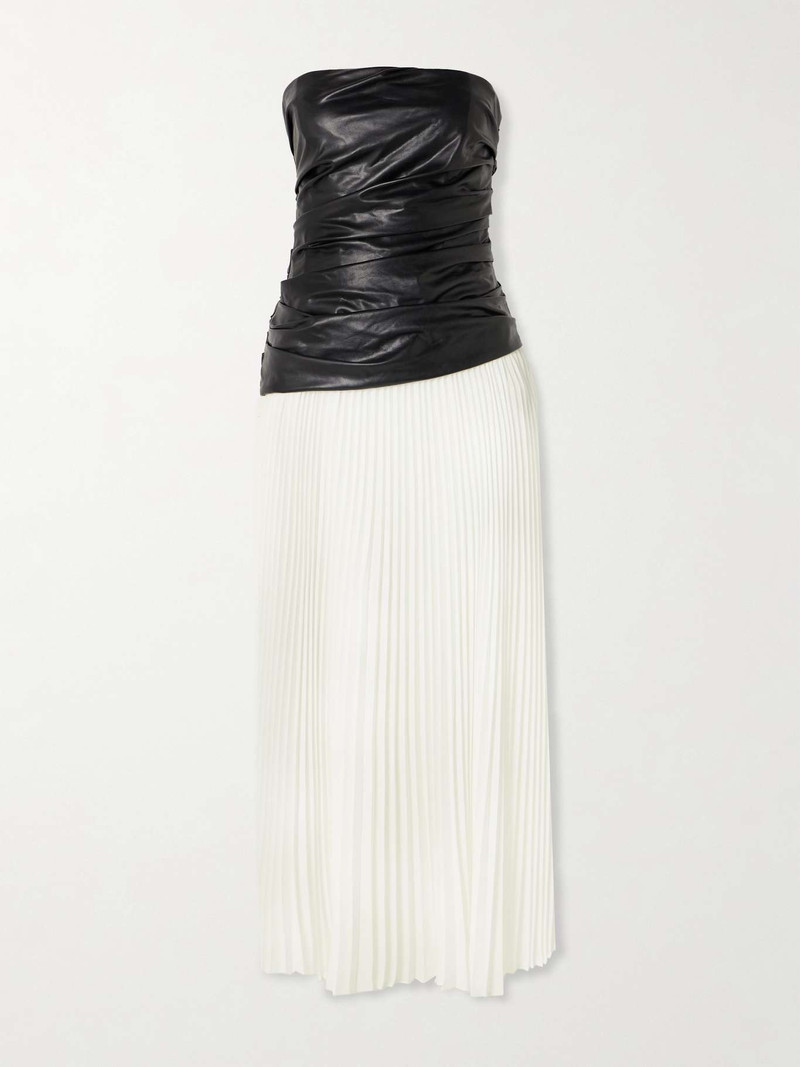 Arie ruched strapless faux leather and pleated crepe de chine midi dress - 1