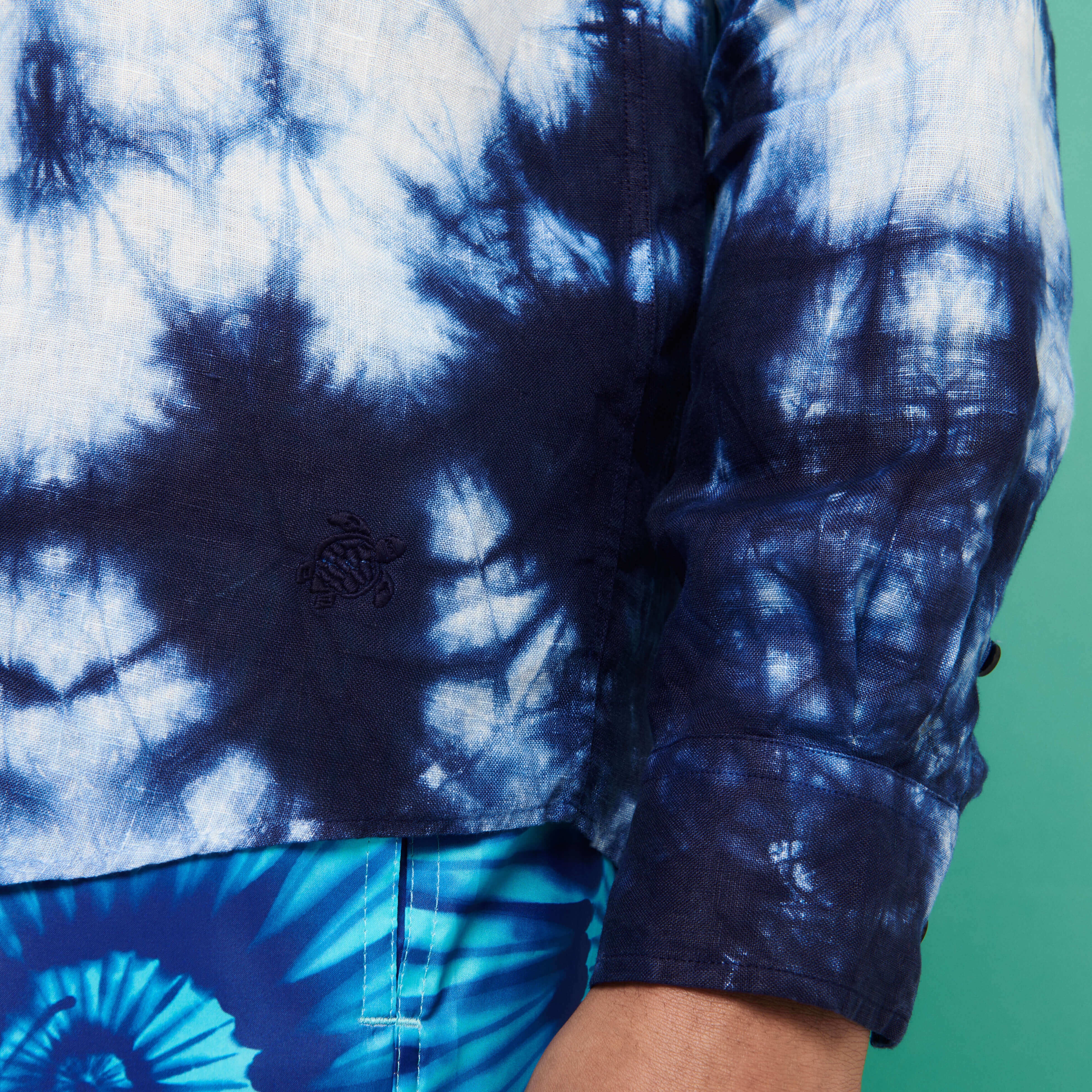 Men Bowling Shirt Linen and Cotton Fonds Marins Tie & Dye - 5
