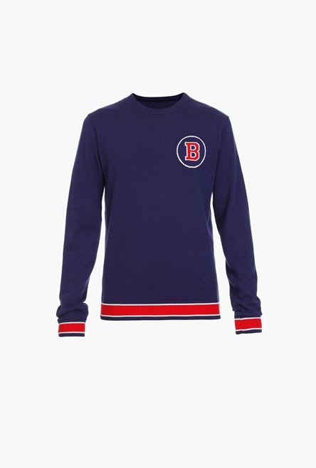 Navy blue cotton sweater with embroidered red and white Balmain logo - 1