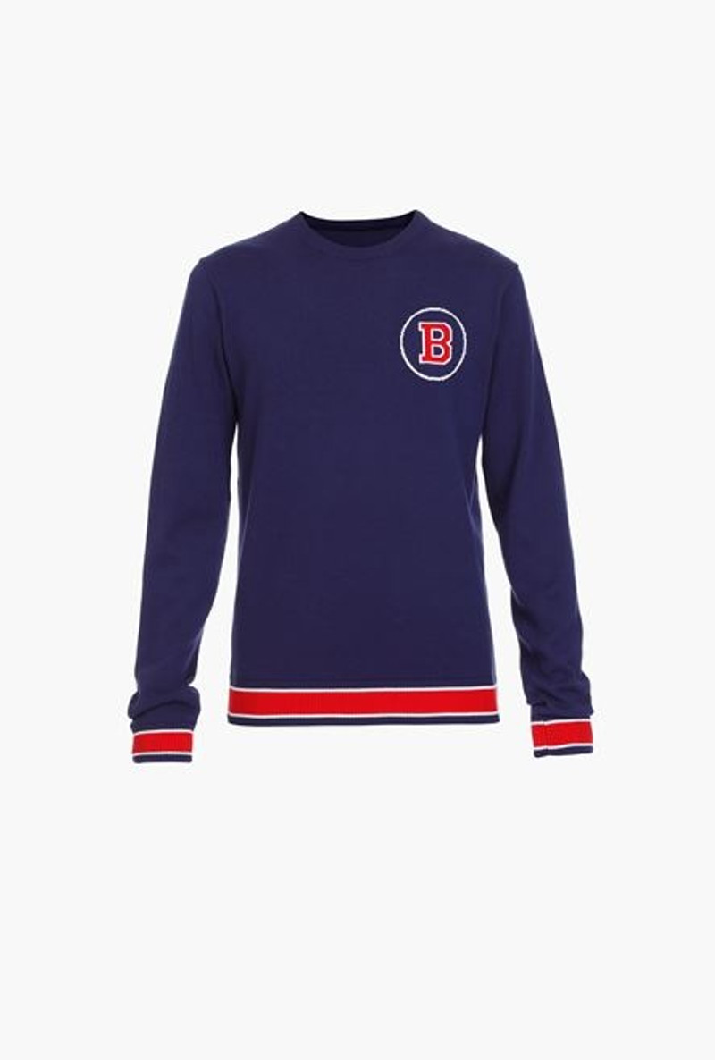 Navy blue cotton sweater with embroidered red and white Balmain logo 1