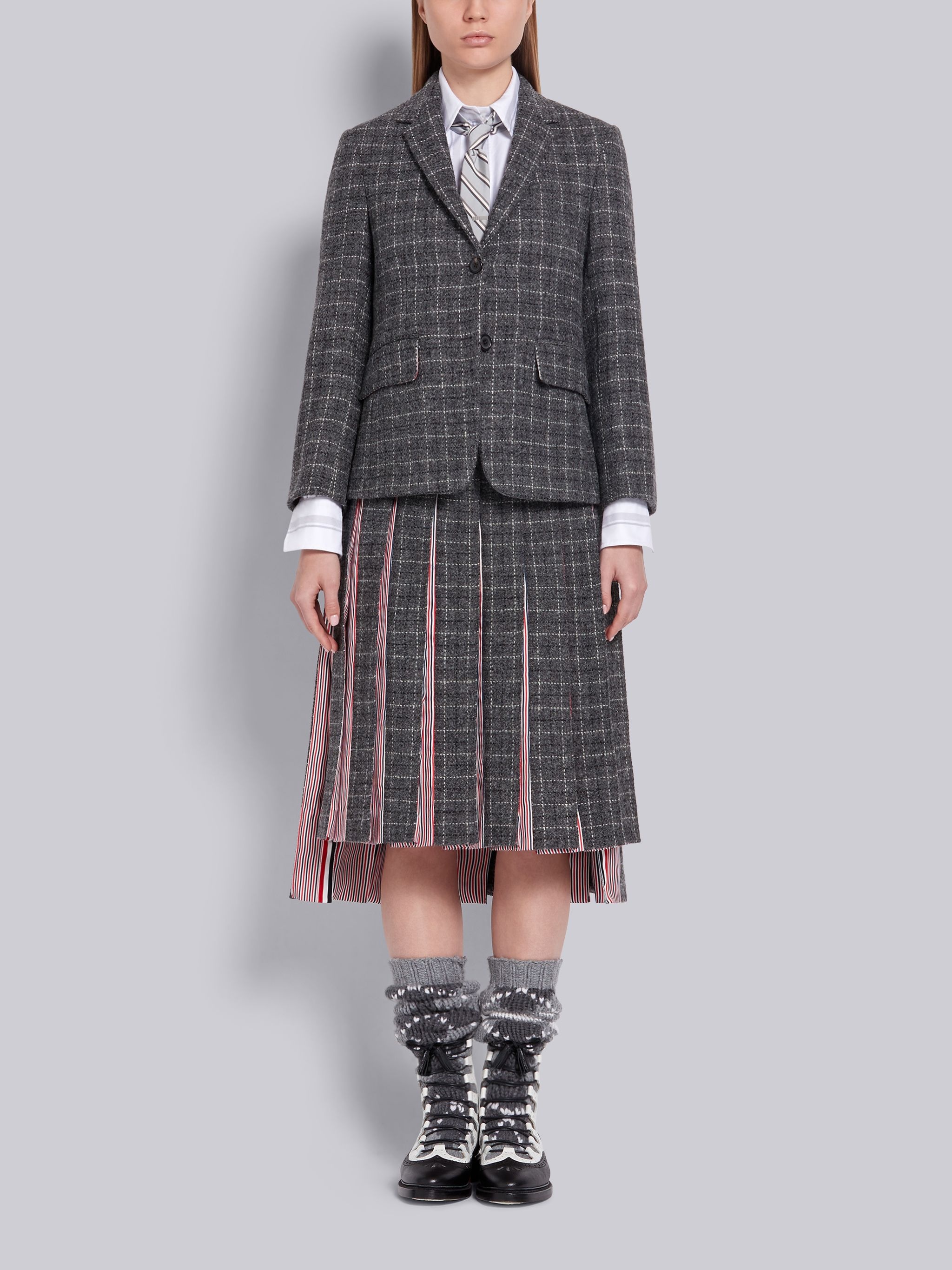 Dark Grey Wool Tattersall Check Below the Knee Pleated Skirt - 4