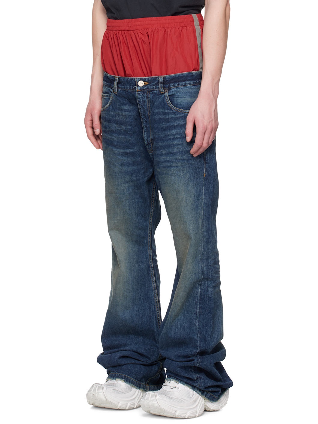 Blue & Red Layered Jeans - 4