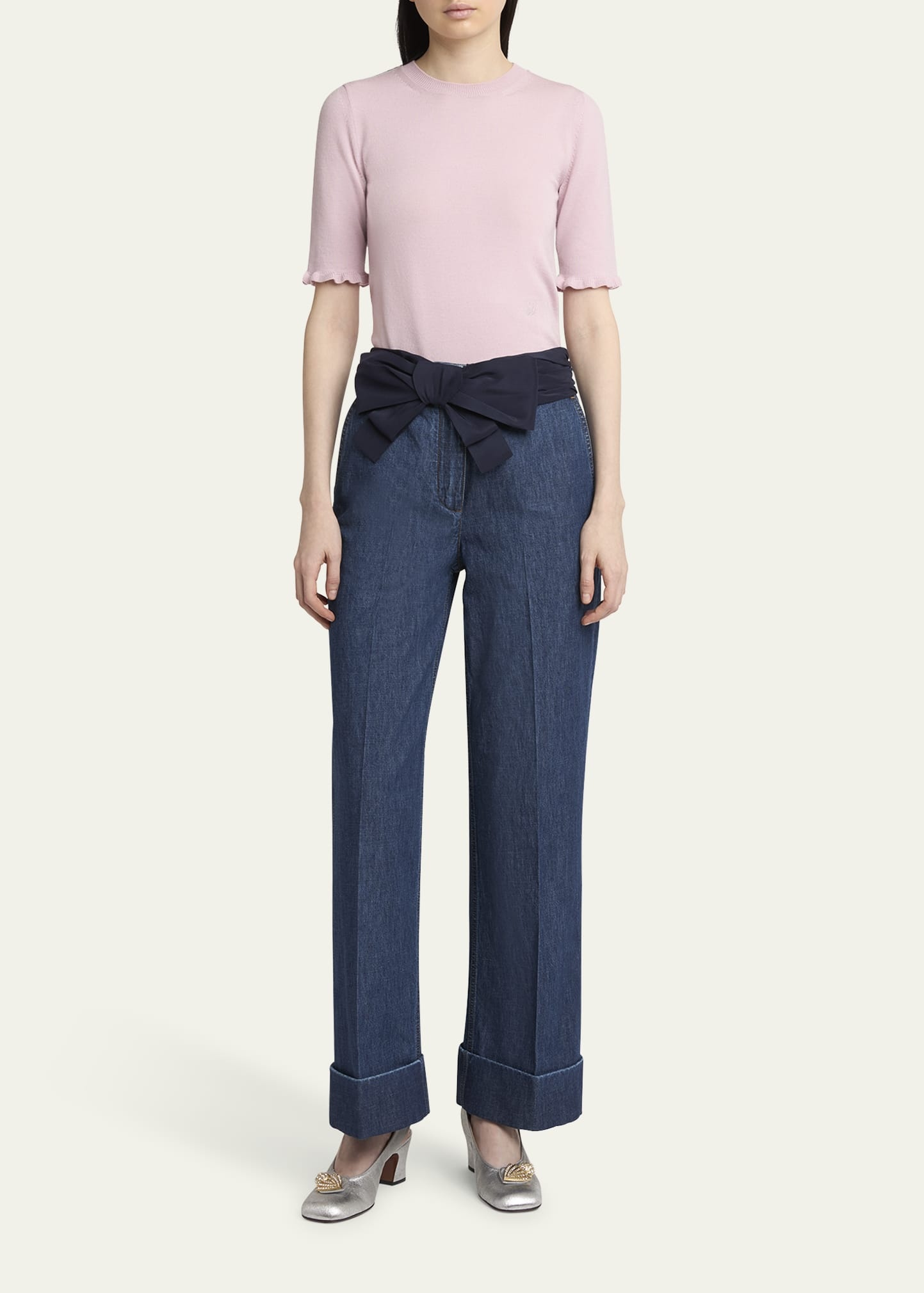 Ruffle Trim Half Sleeve Wool Top - 2