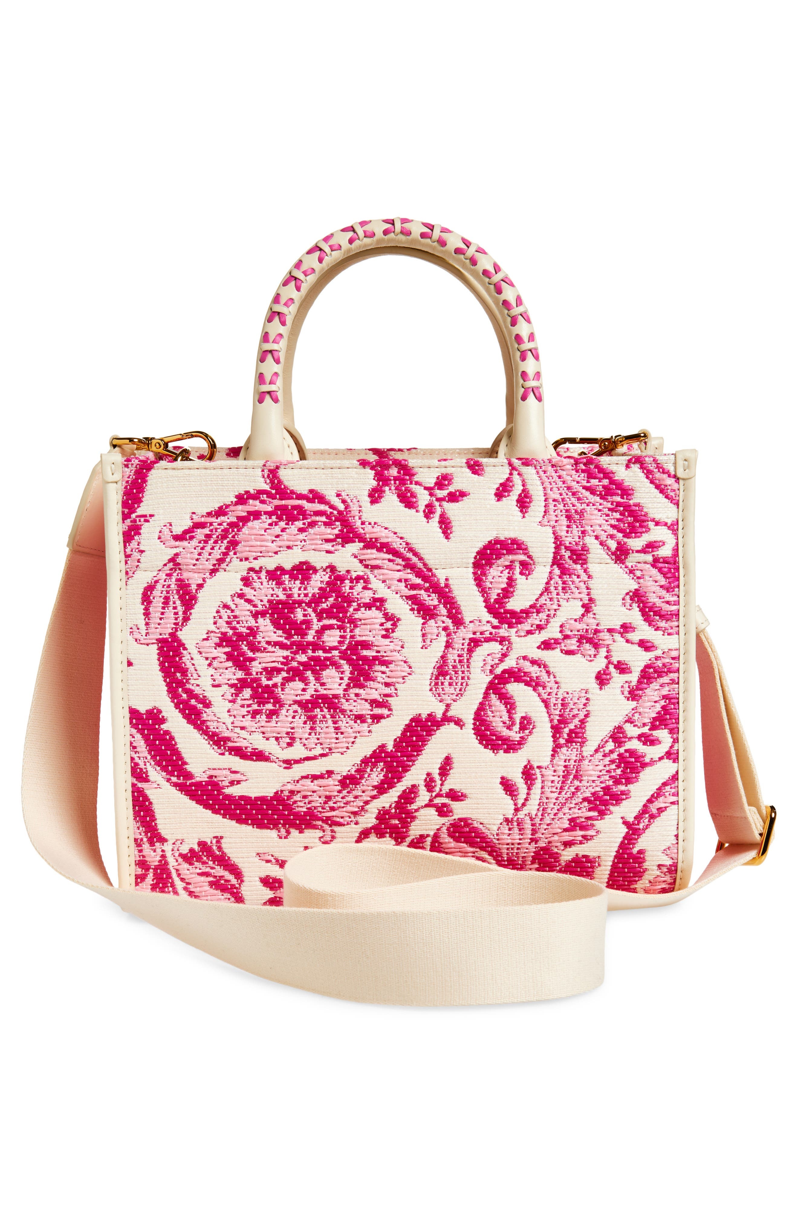 Versace Small Barocco Raffia Tote in Eggshell Dragon Fruit at Nordstrom - 4