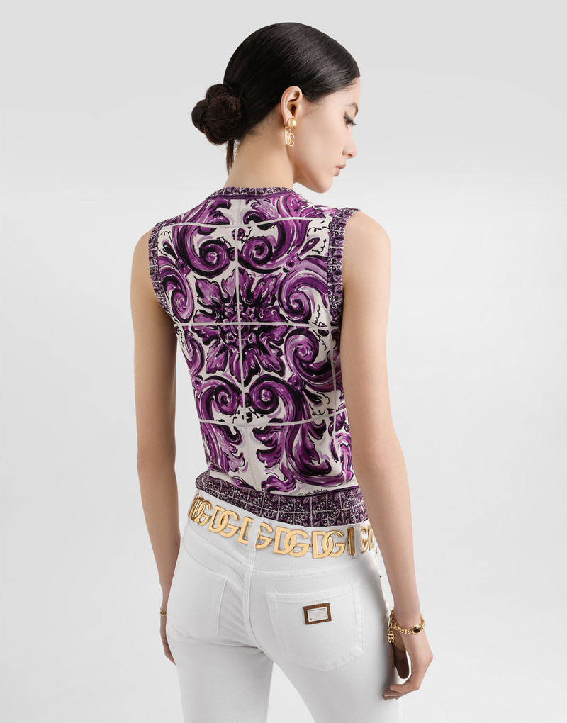 Majolica-print silk tank top 5
