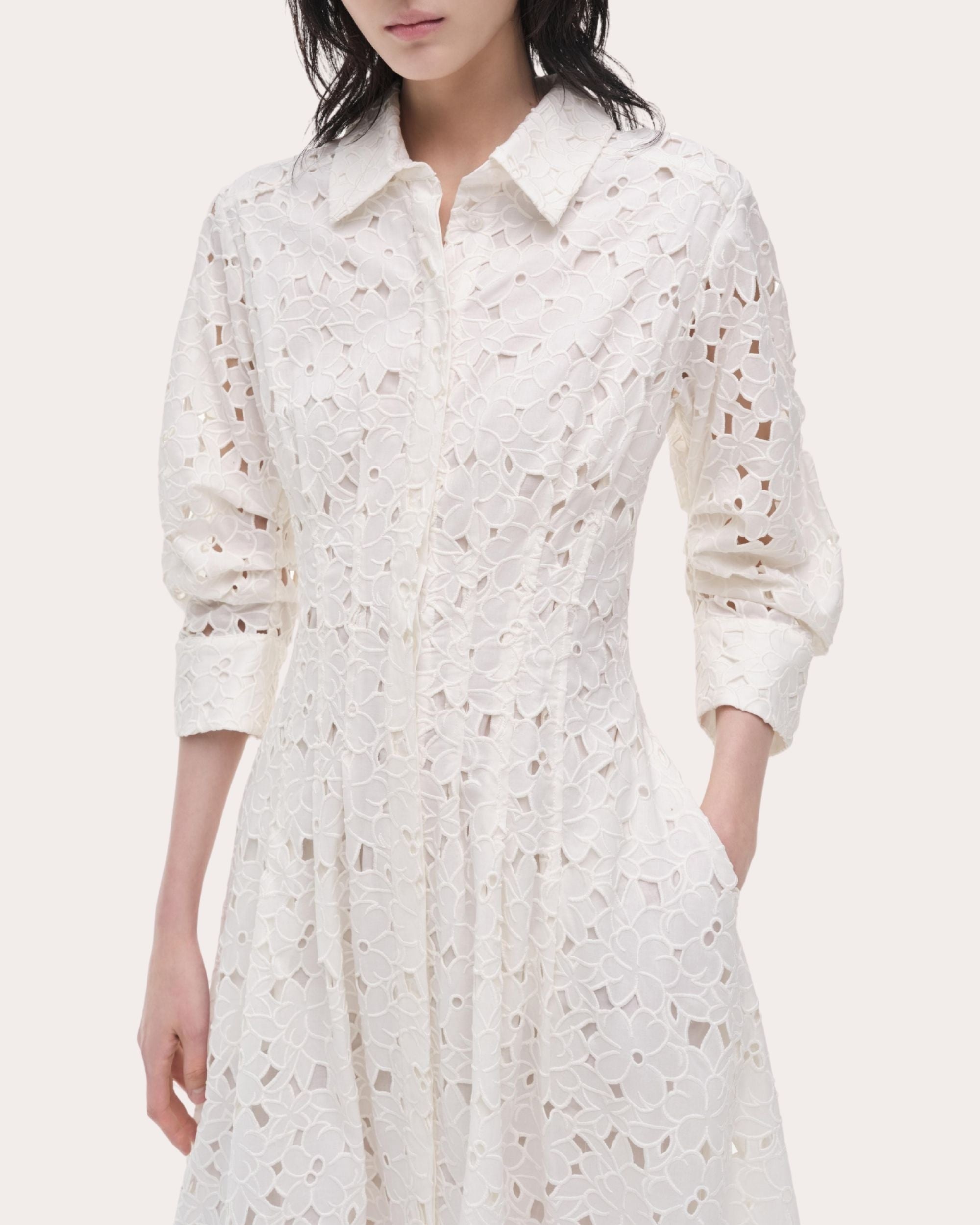 Jazz Embroidered Cotton Pintuck Midi Shirt Dress - 4
