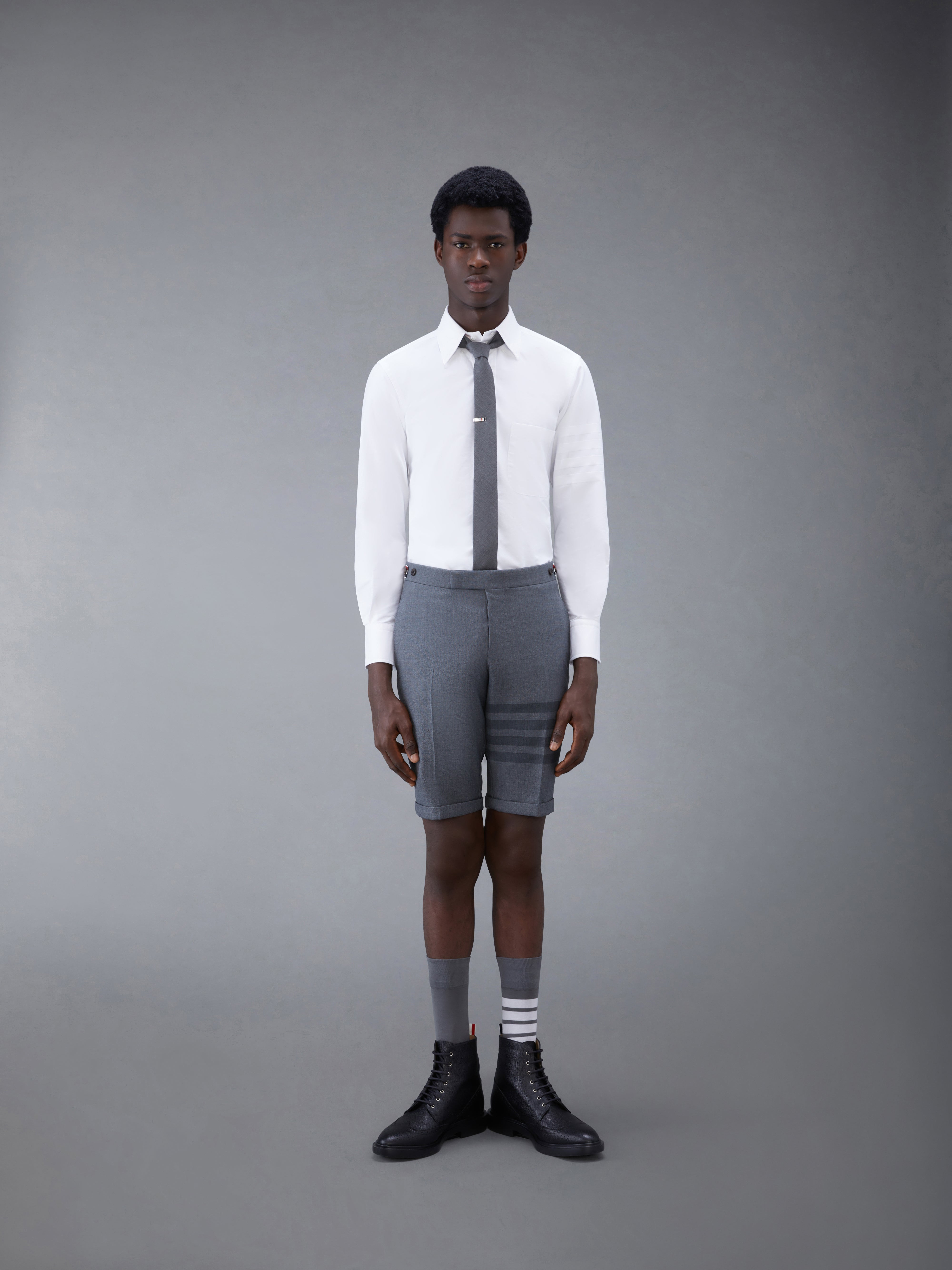 White Cotton Oxford Long Sleeve Satin Weave 4-Bar Shirt - 4