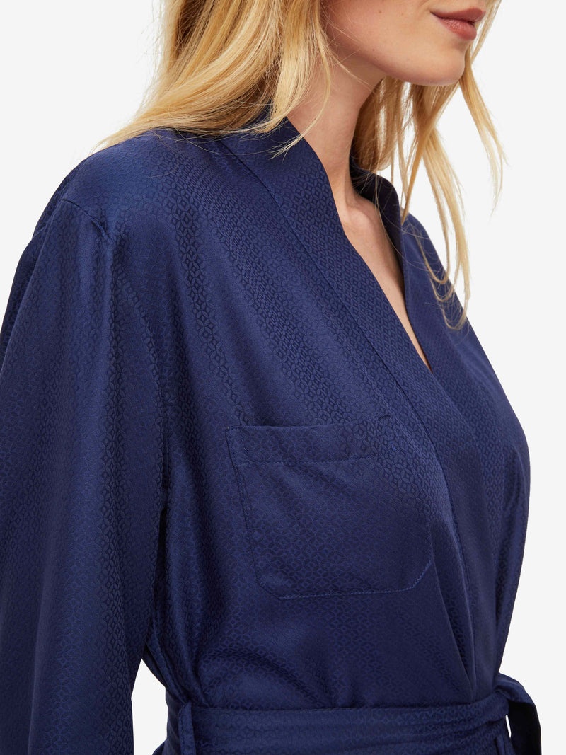 Women's Long Dressing Gown Lombard 6 Cotton Jacquard Navy - 6