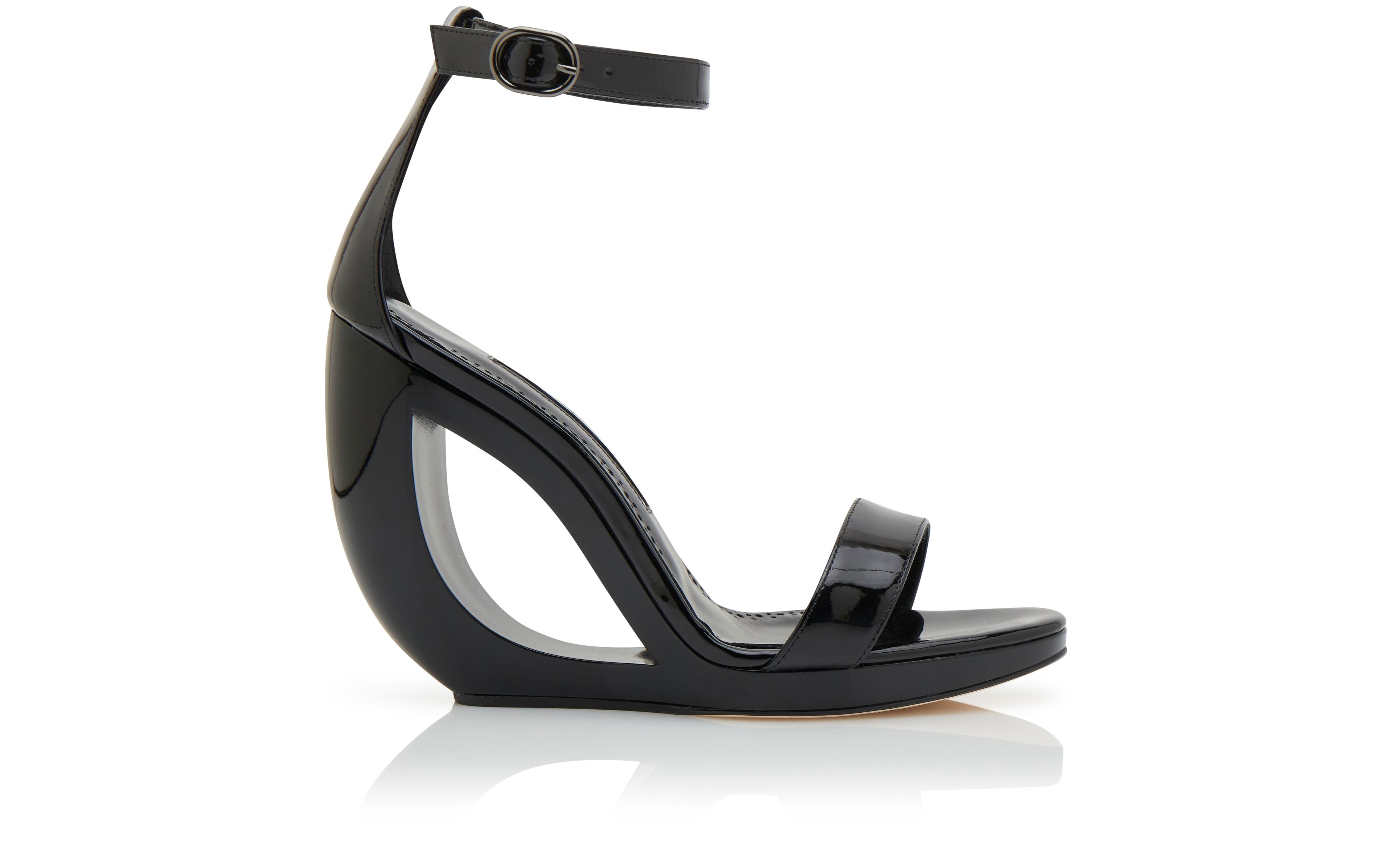 Manolo Blahnik Black Patent Leather Cut-Out Wedge Pumps