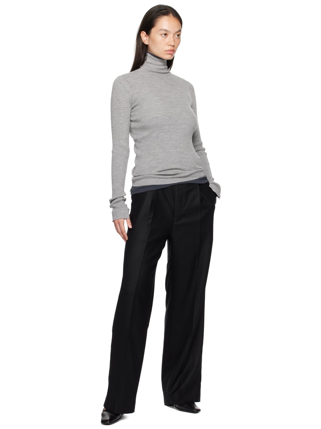 Gray Super Fine Wool High Gauge Rib Knit Turtleneck - 4